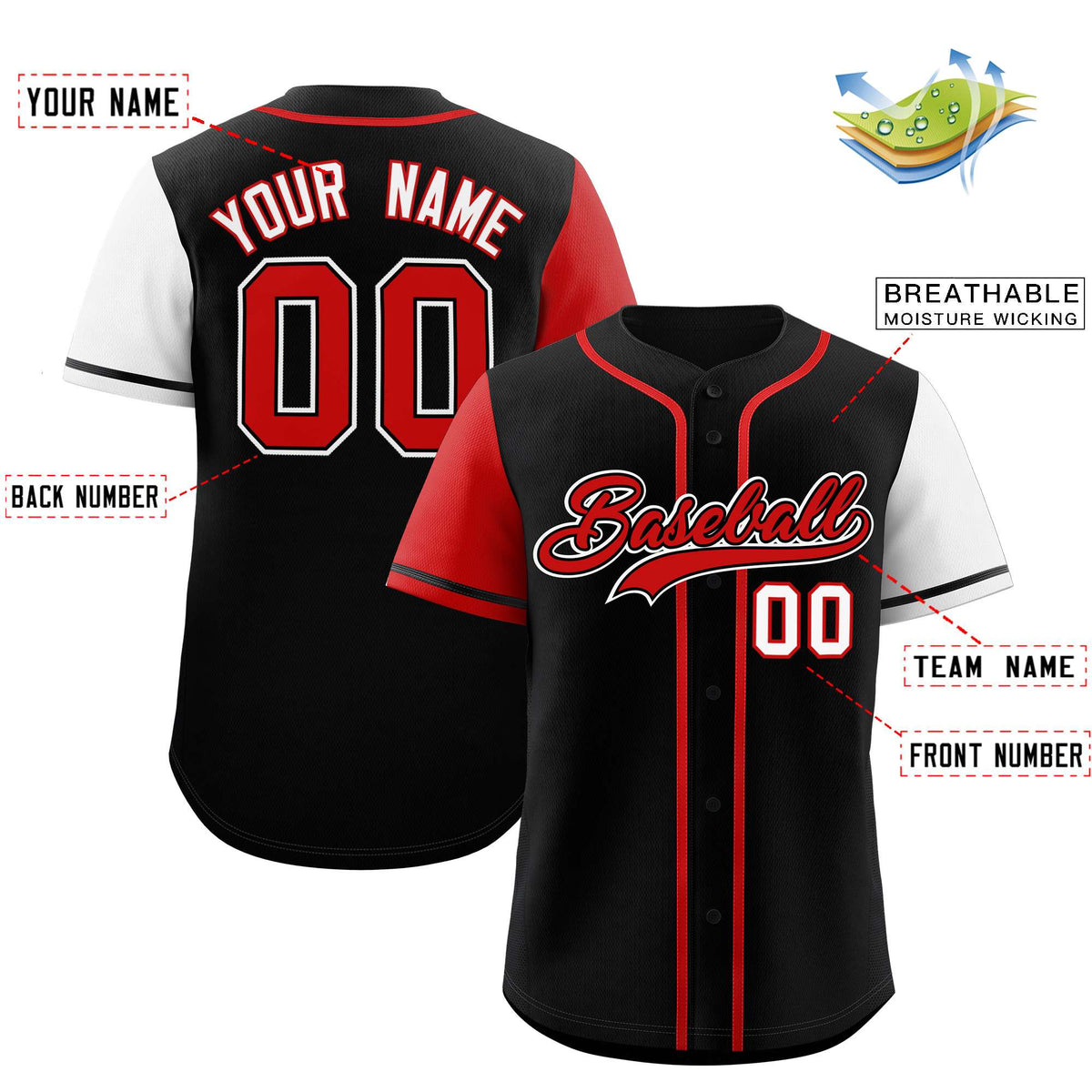 Custom Black Red and White Raglan Sleeves Authentic Baseball Jersey