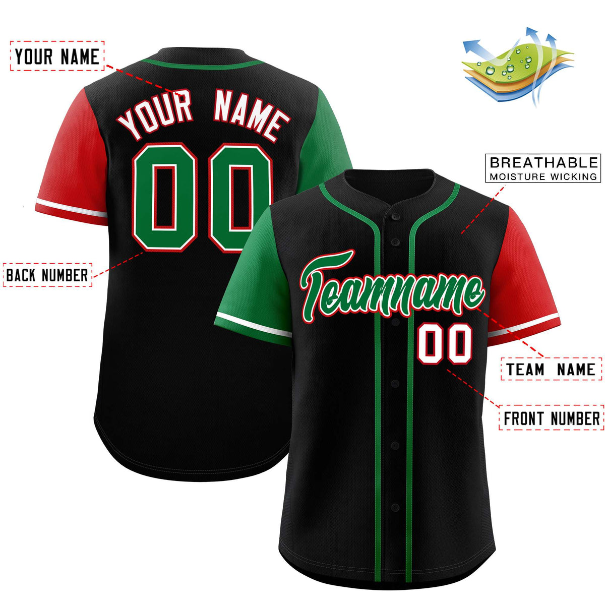 Custom Black Kelly Green and Red Raglan Sleeves Authentic Baseball Jersey