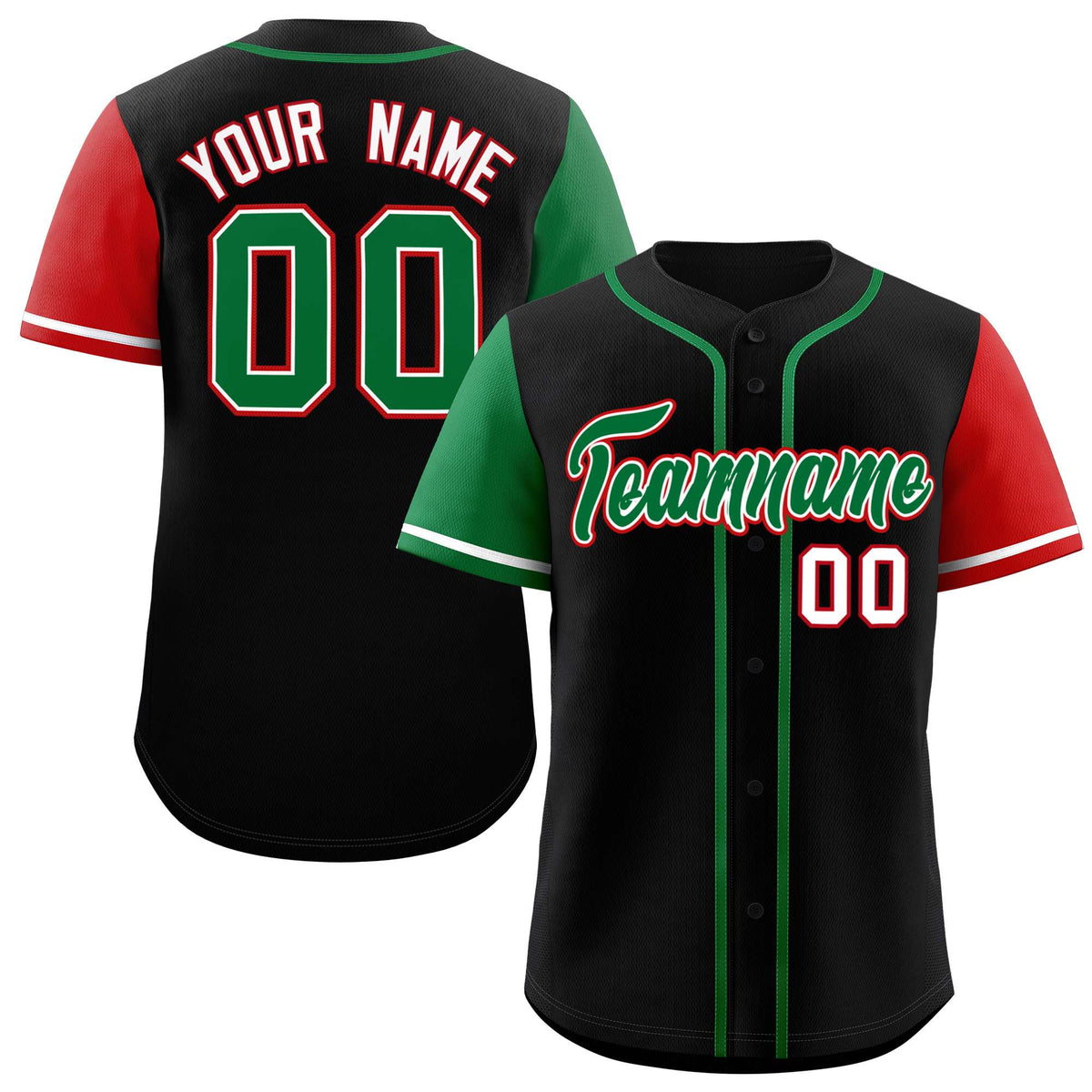 Custom Black Kelly Green and Red Raglan Sleeves Authentic Baseball Jersey