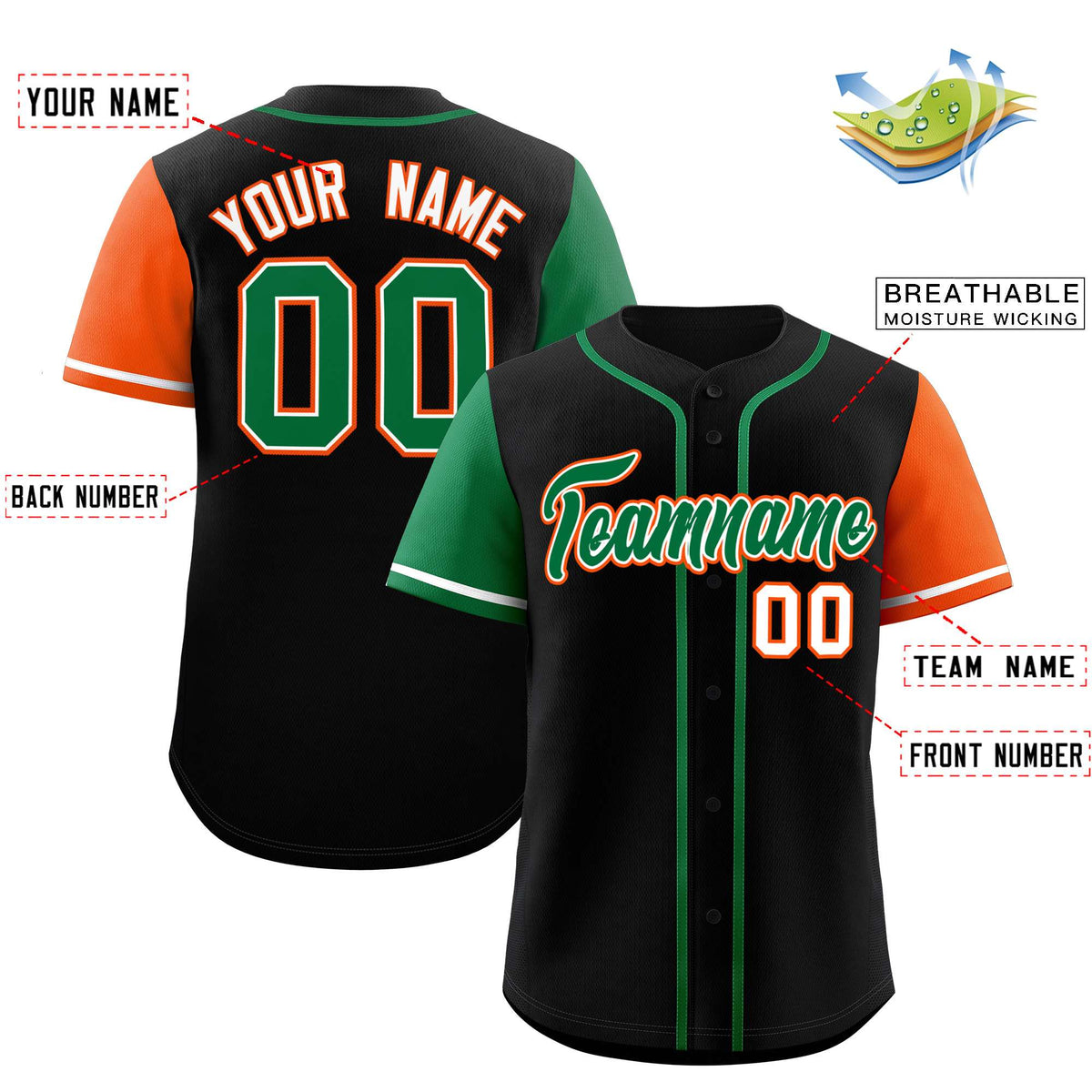 Custom Black Kelly Green and Orange Raglan Sleeves Authentic Baseball Jersey