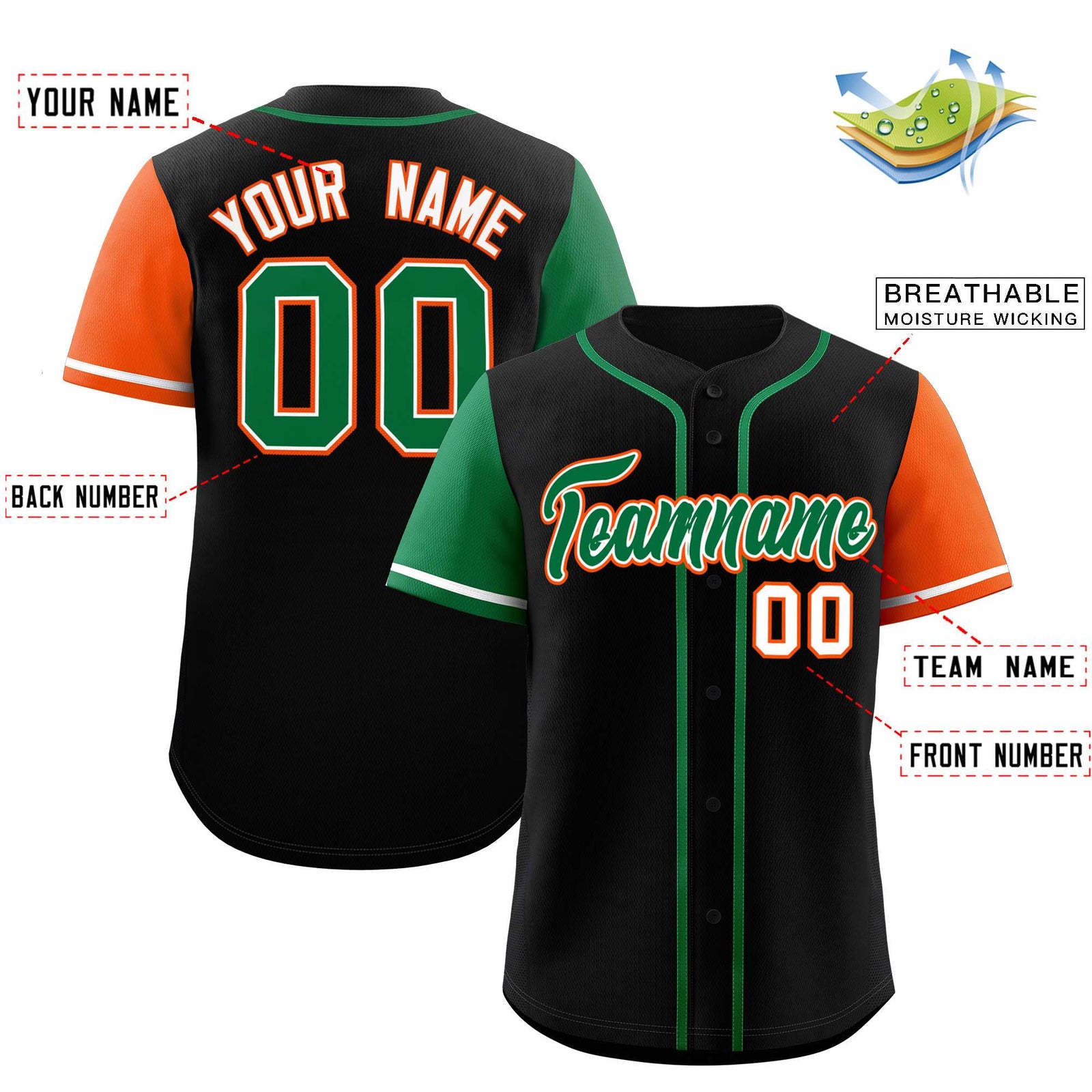 Custom Black Kelly Green and Orange Raglan Sleeves Authentic Baseball Jersey