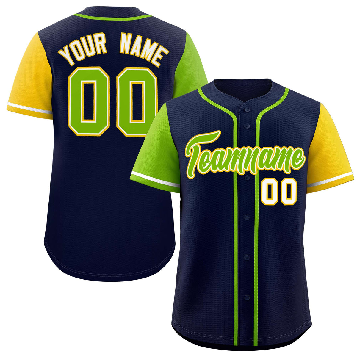 Custom Navy Neon Green and Gold Raglan Sleeves Authentic Baseball Jersey