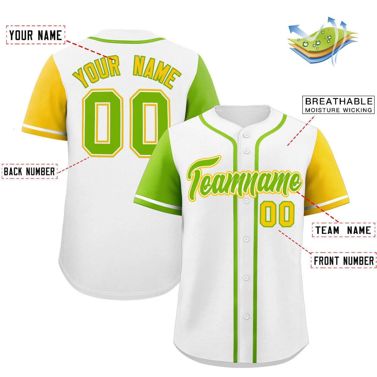 Custom White Neon Green and Gold Raglan Sleeves Authentic Baseball Jersey