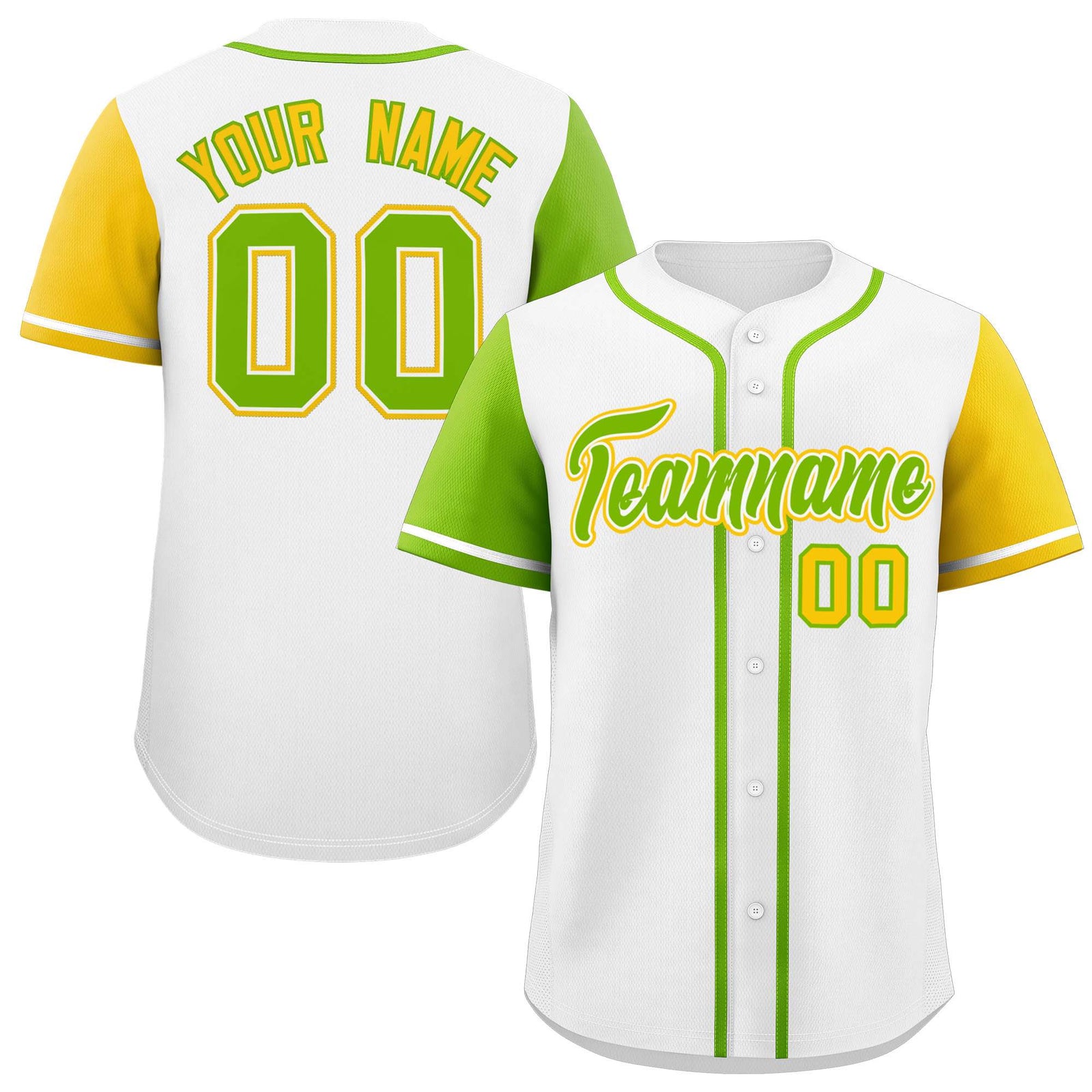 Custom White Neon Green and Gold Raglan Sleeves Authentic Baseball Jersey