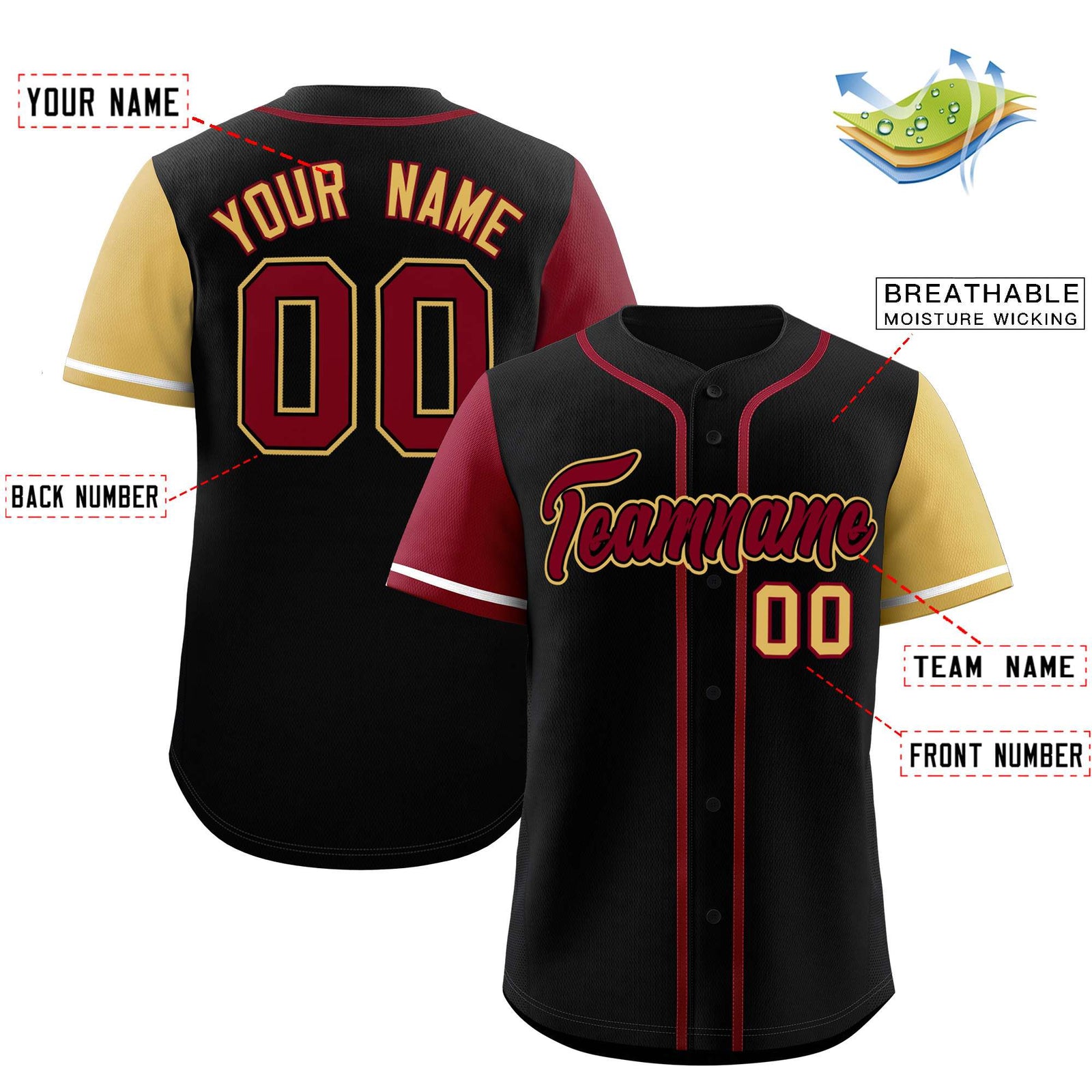 Custom Black Crimson and Khaki Raglan Sleeves Authentic Baseball Jersey