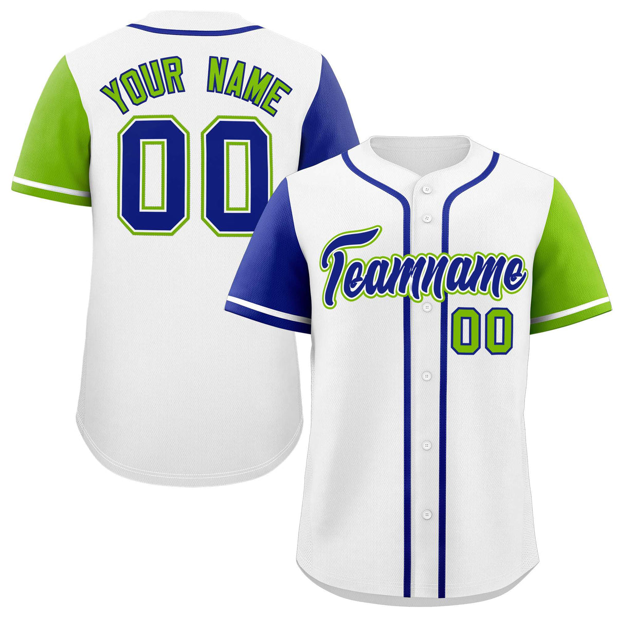 Custom White Royal and Neon Green Raglan Sleeves Authentic Baseball Jersey