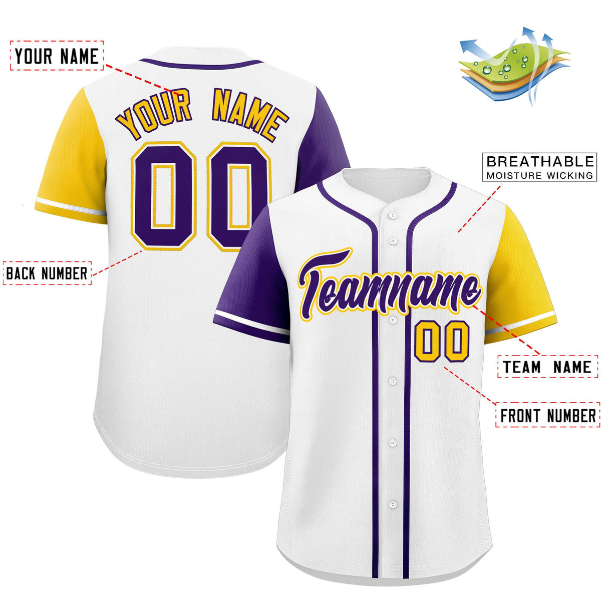 Custom White Purple and Gold Raglan Sleeves Authentic Baseball Jersey
