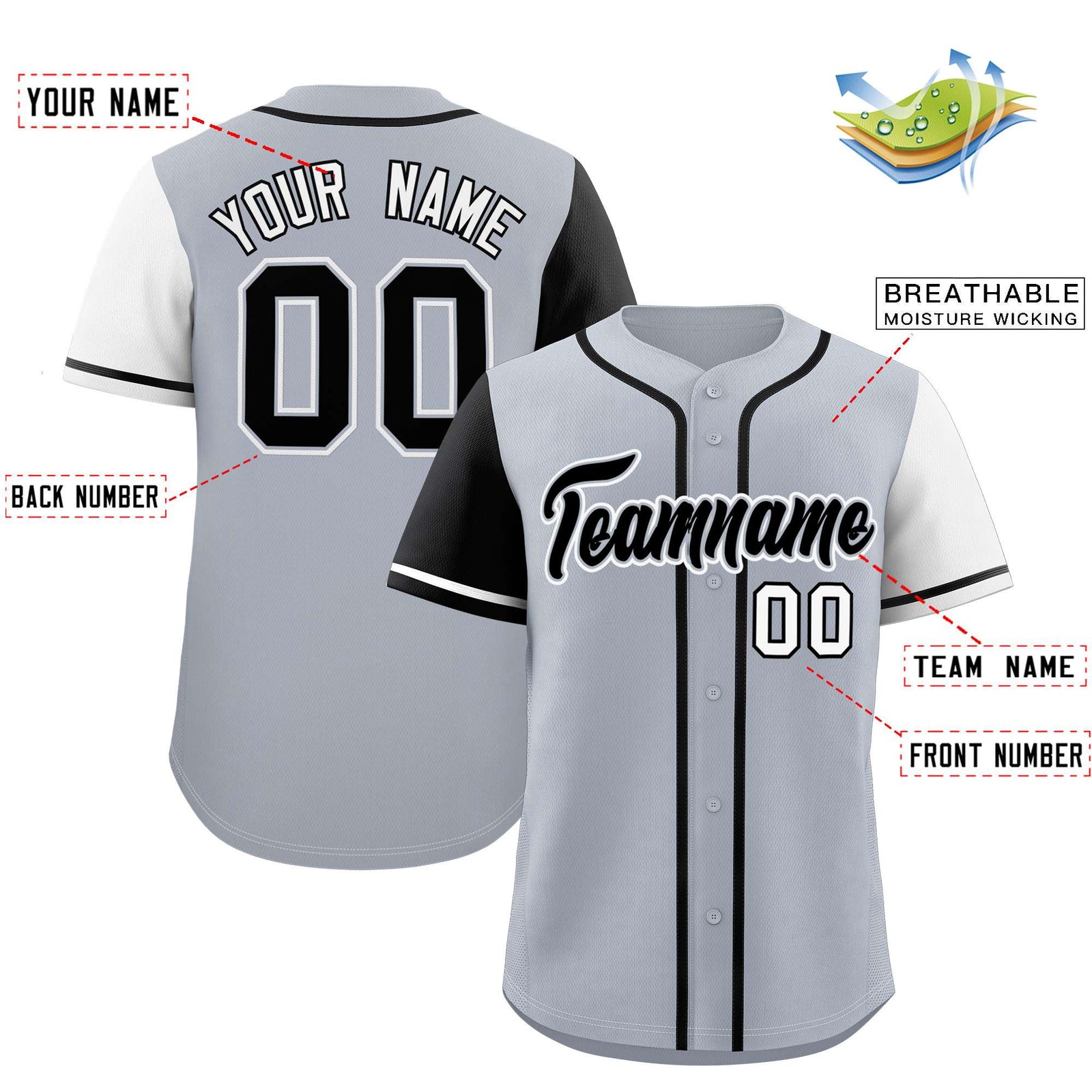 Custom Silver Black and White Raglan Sleeves Authentic Baseball Jersey