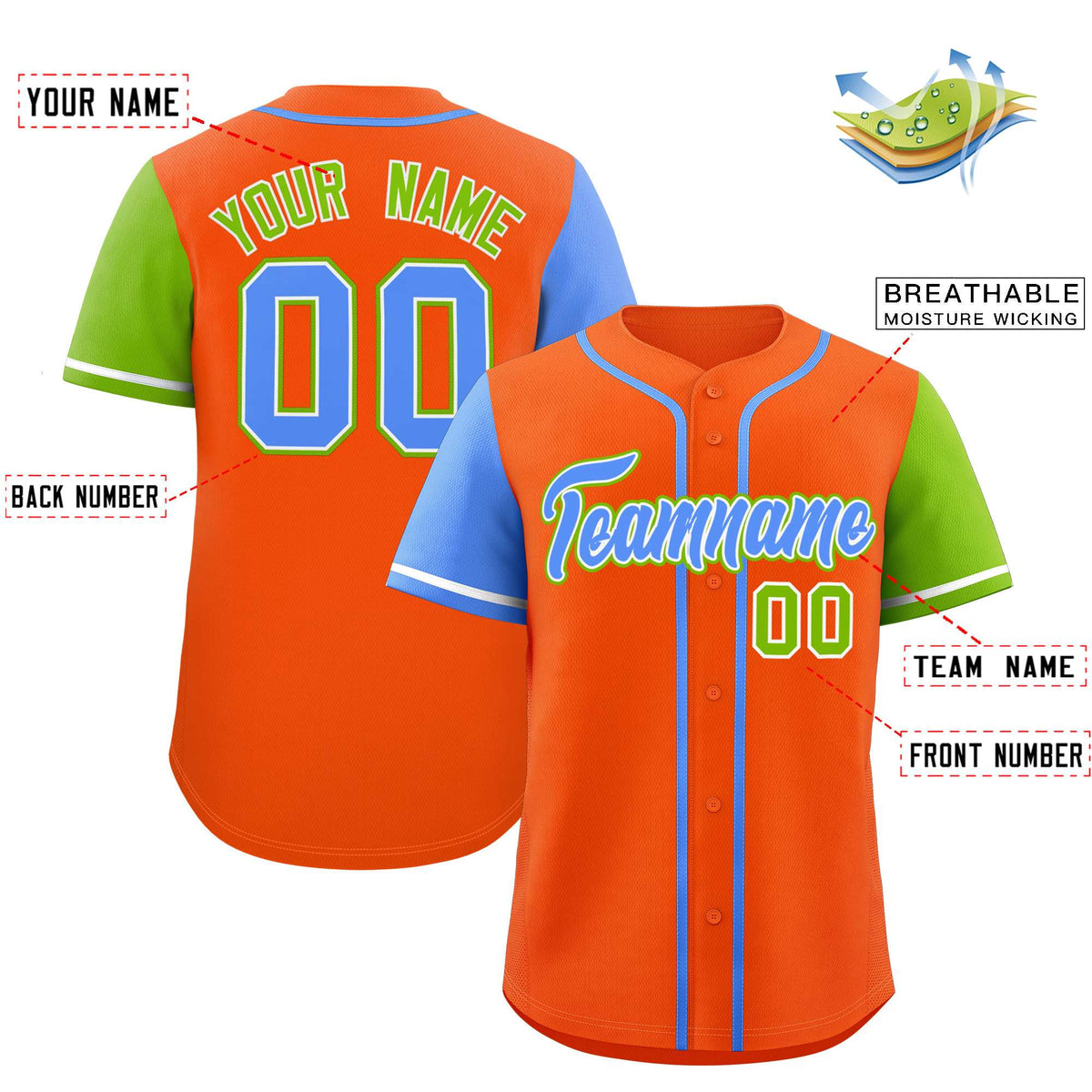 Custom Orange Powder Blue and Neon Green Raglan Sleeves Authentic Baseball Jersey