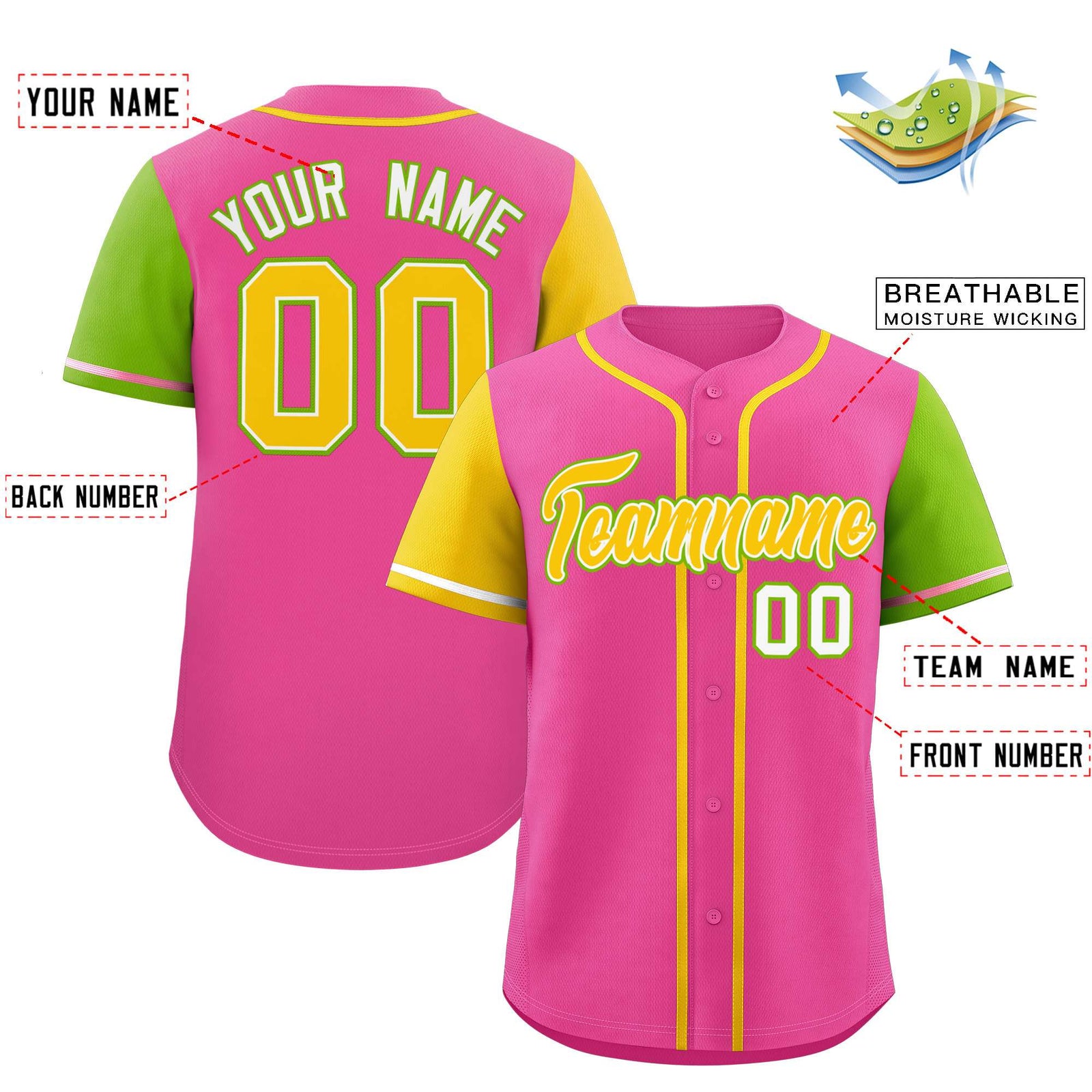 Custom Pink Gold and Neon Green Raglan Sleeves Authentic Baseball Jersey