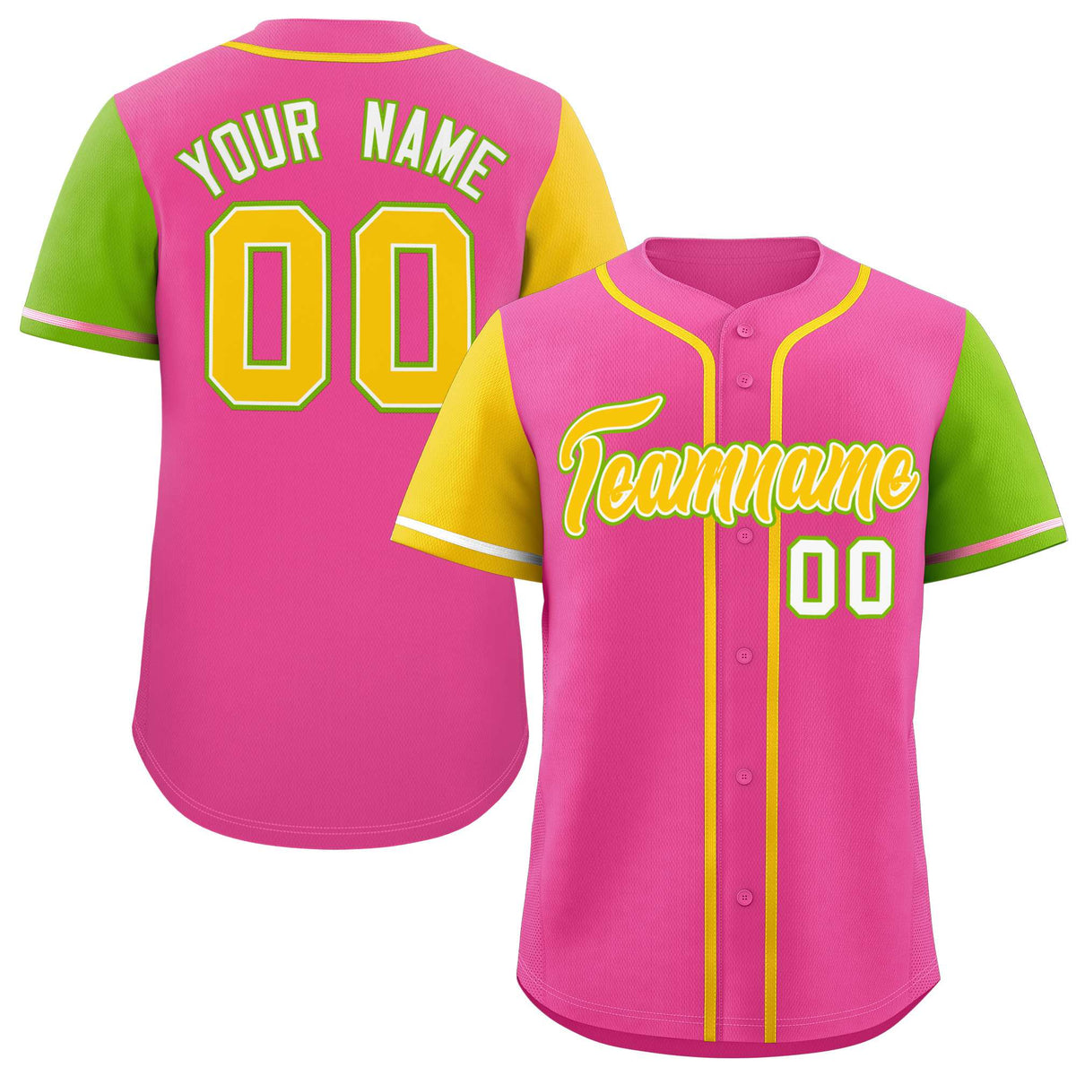 Custom Pink Gold and Neon Green Raglan Sleeves Authentic Baseball Jersey