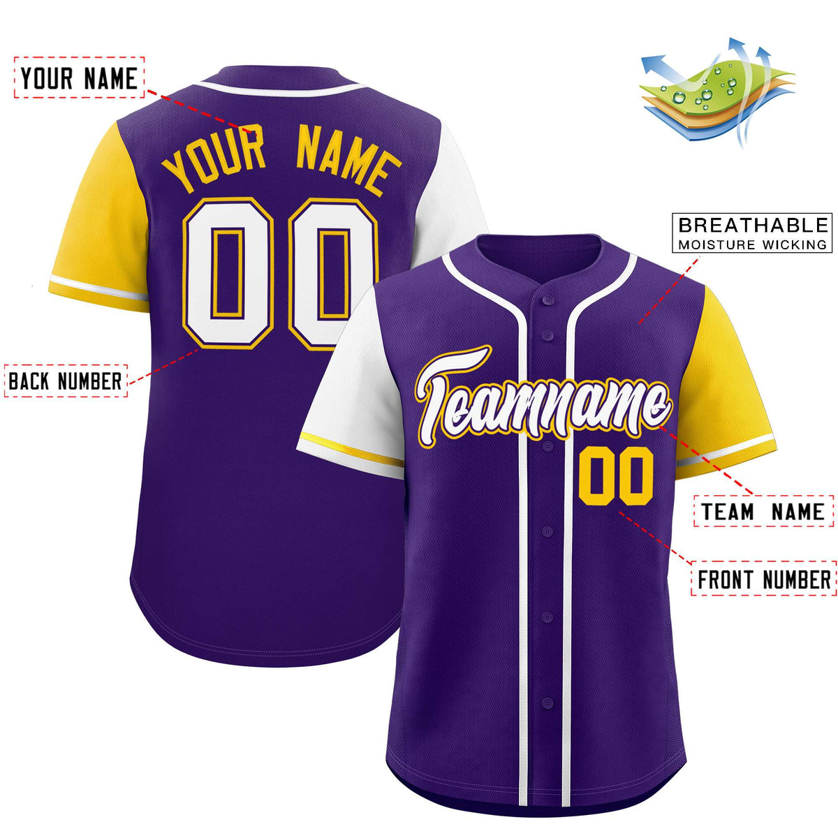 Custom Purple White and Gold Raglan Sleeves Authentic Baseball Jersey