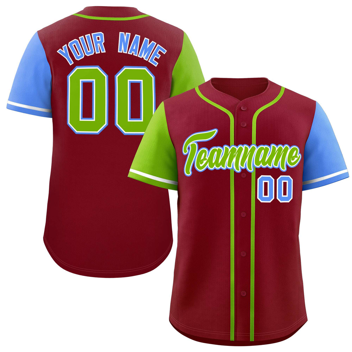 Custom Crimson Neon Green and Powder Blue Raglan Sleeves Authentic Baseball Jersey