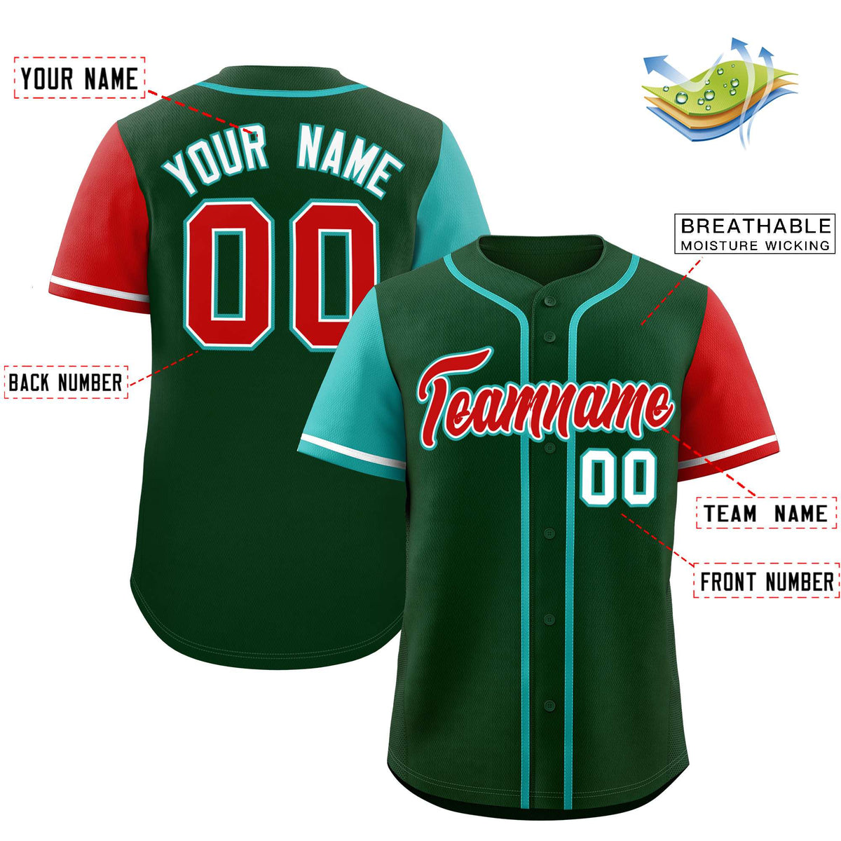 Custom Green Aqua and Red Raglan Sleeves Authentic Baseball Jersey
