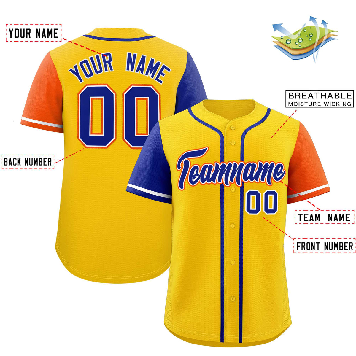 Custom Gold Royal and Orange Raglan Sleeves Authentic Baseball Jersey