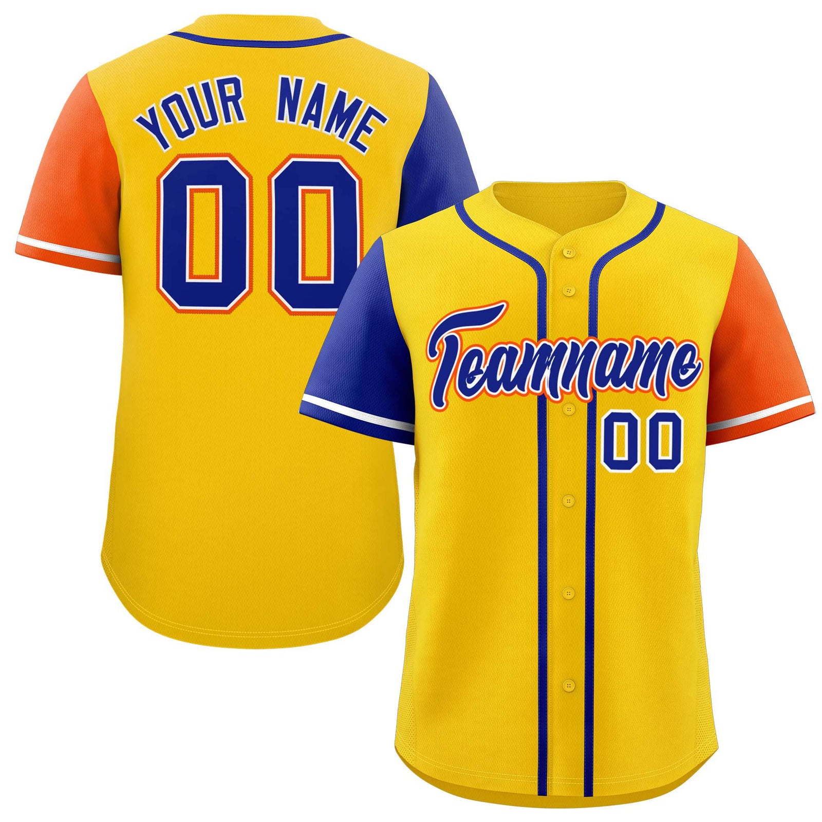 Custom Gold Royal and Orange Raglan Sleeves Authentic Baseball Jersey