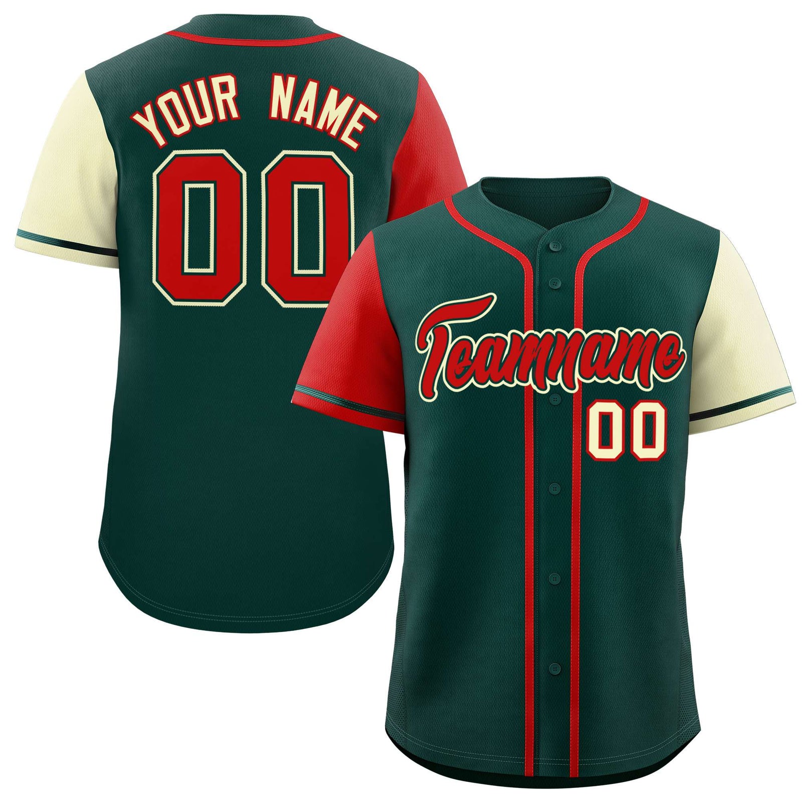 Custom Midnight Green Red and Cream Raglan Sleeves Authentic Baseball Jersey