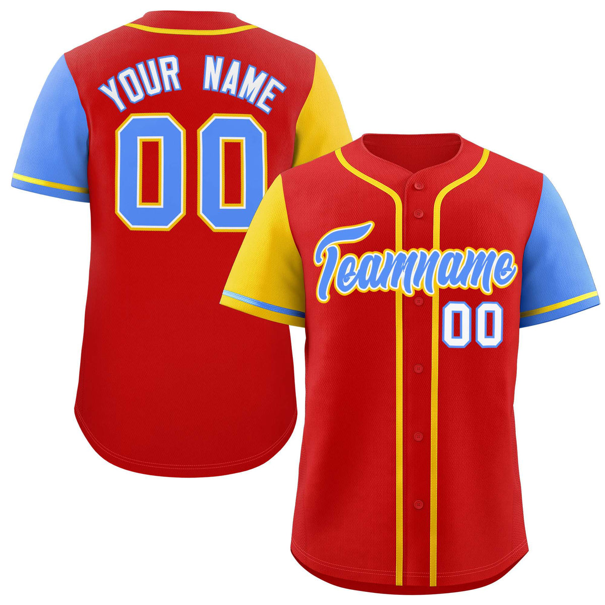 Custom Red Gold and Powder Blue Raglan Sleeves Authentic Baseball Jersey