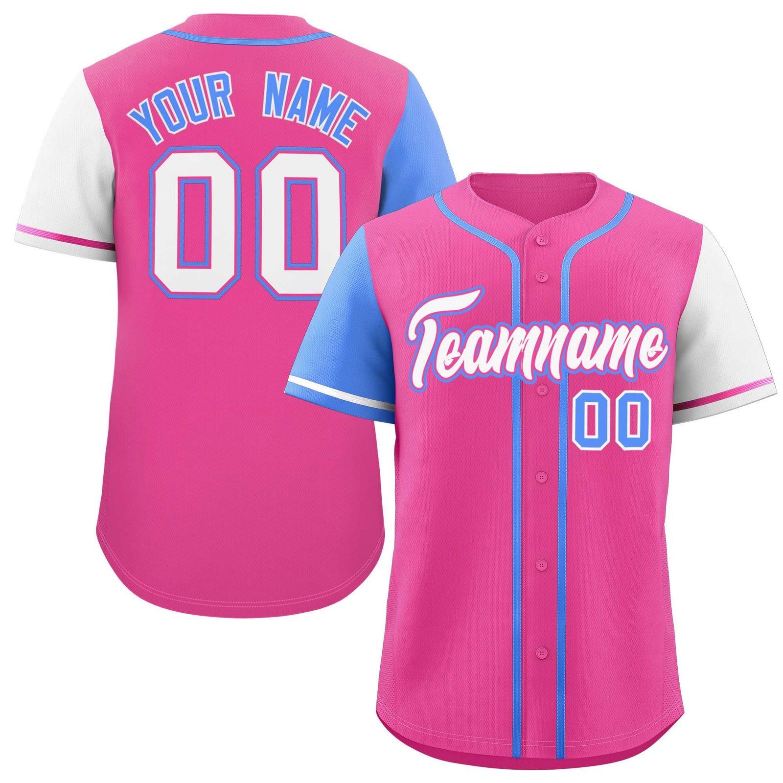 Custom Pink Powder Blue and White Raglan Sleeves Authentic Baseball Jersey