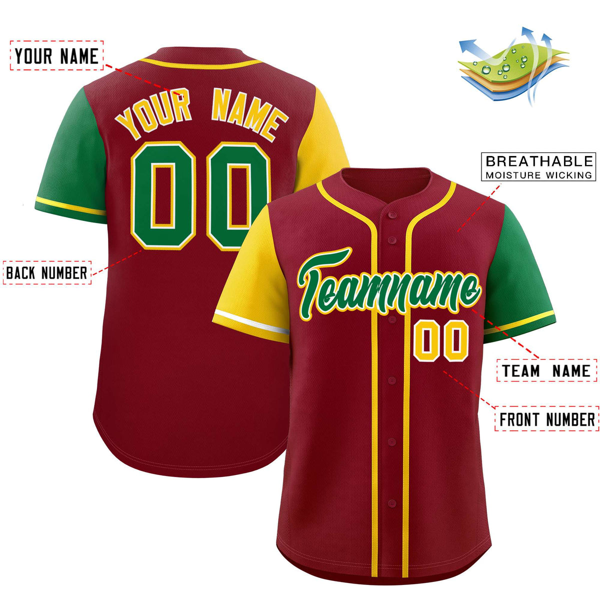 Custom Crimson Gold and Kelly Green Raglan Sleeves Authentic Baseball Jersey