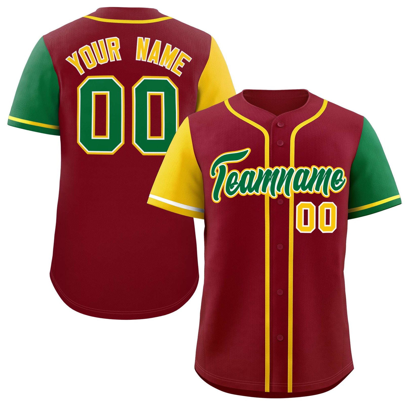 Custom Crimson Gold and Kelly Green Raglan Sleeves Authentic Baseball Jersey
