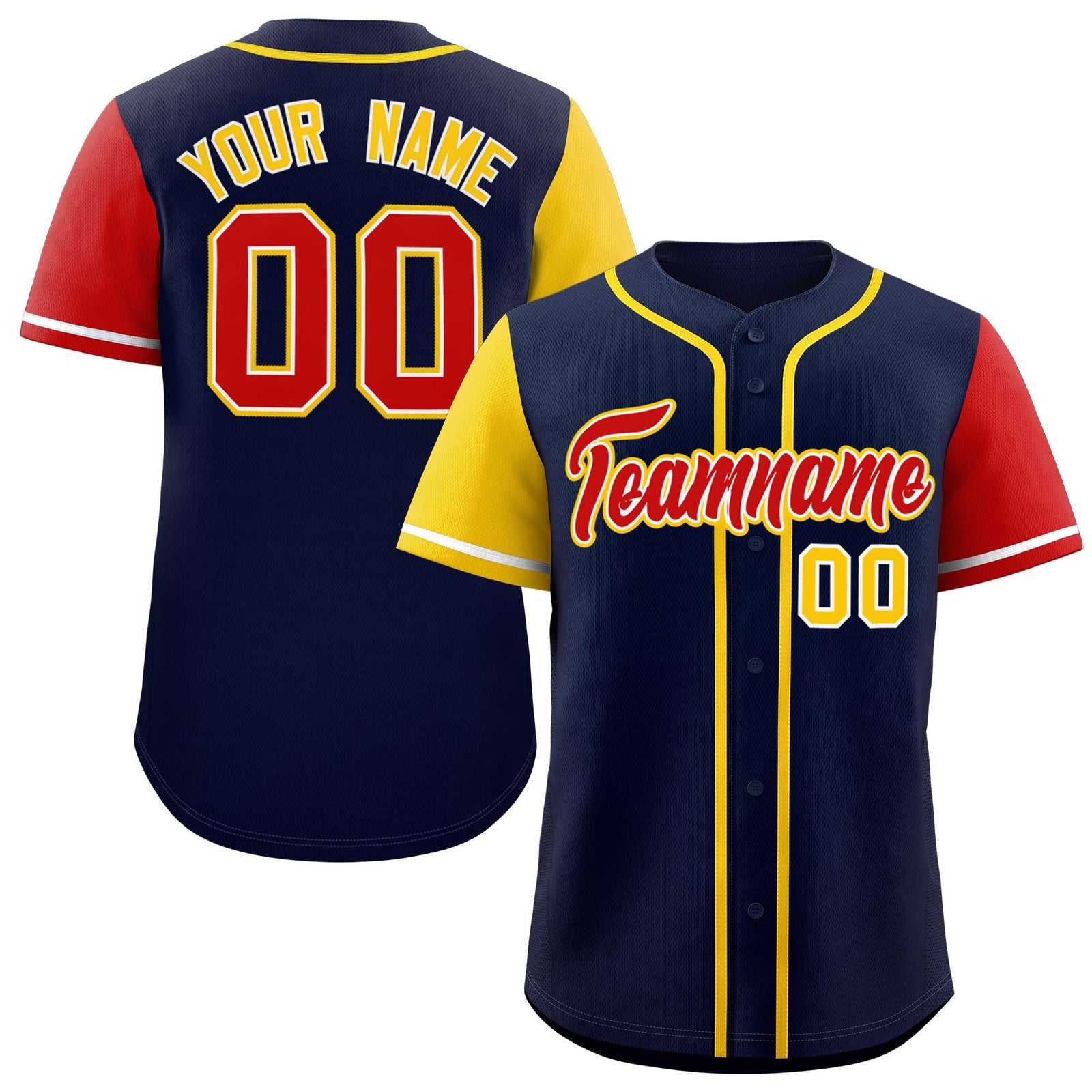 Custom Navy Gold and Red Raglan Sleeves Authentic Baseball Jersey