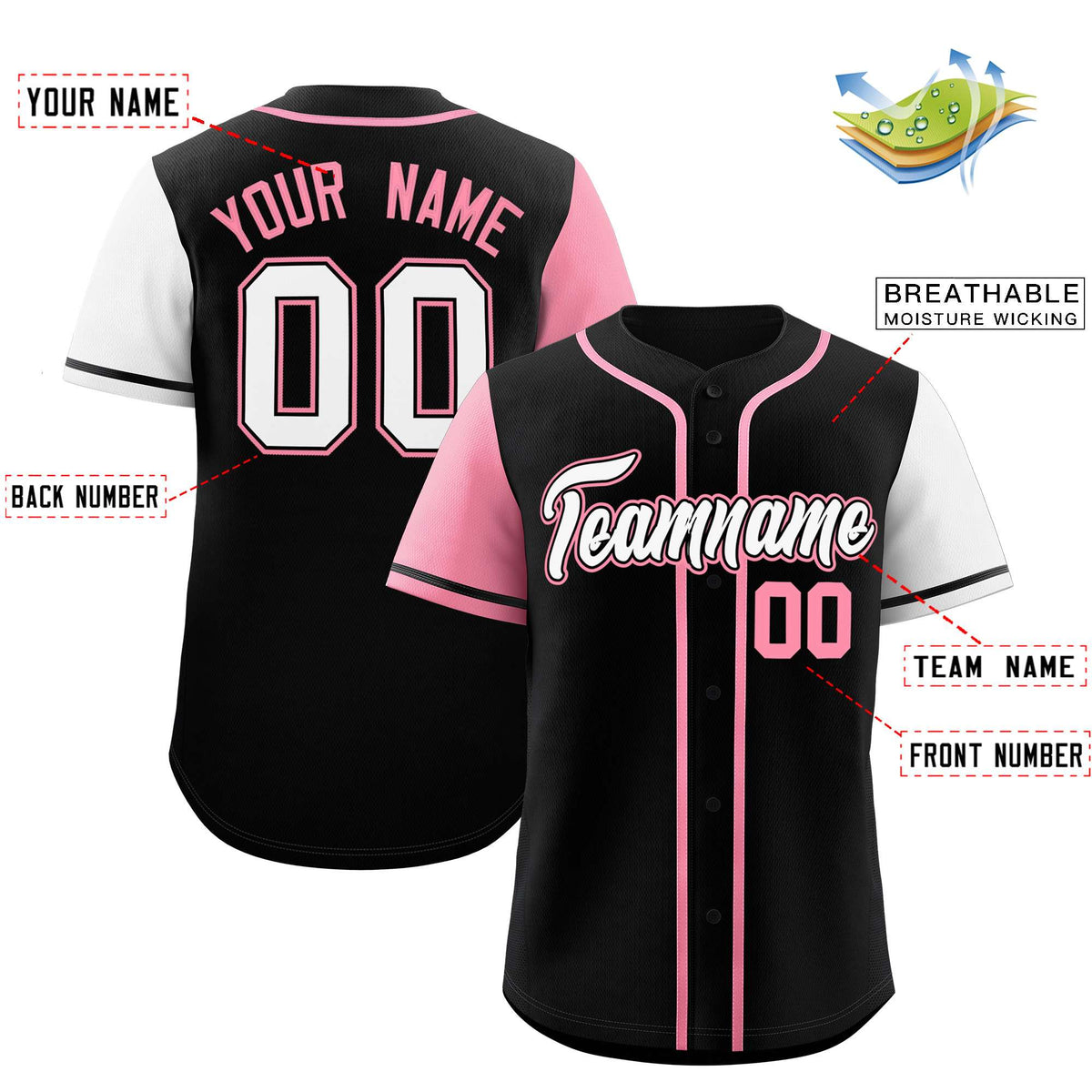 Custom Black Light Pink and White Raglan Sleeves Authentic Baseball Jersey