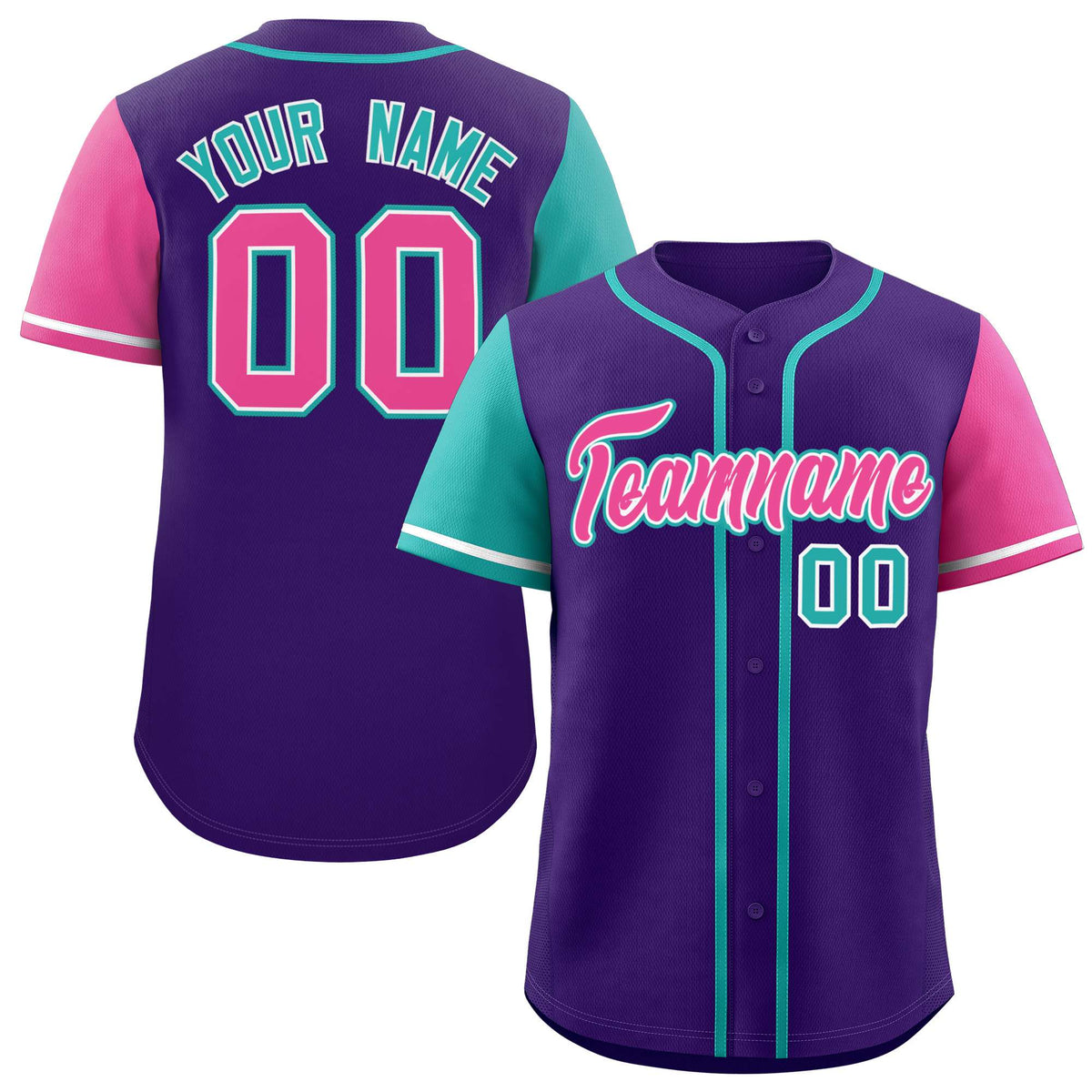 Custom Purple Aqua and Pink Raglan Sleeves Authentic Baseball Jersey