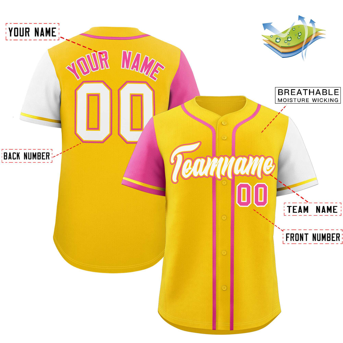 Custom Gold Pink and White Raglan Sleeves Authentic Baseball Jersey