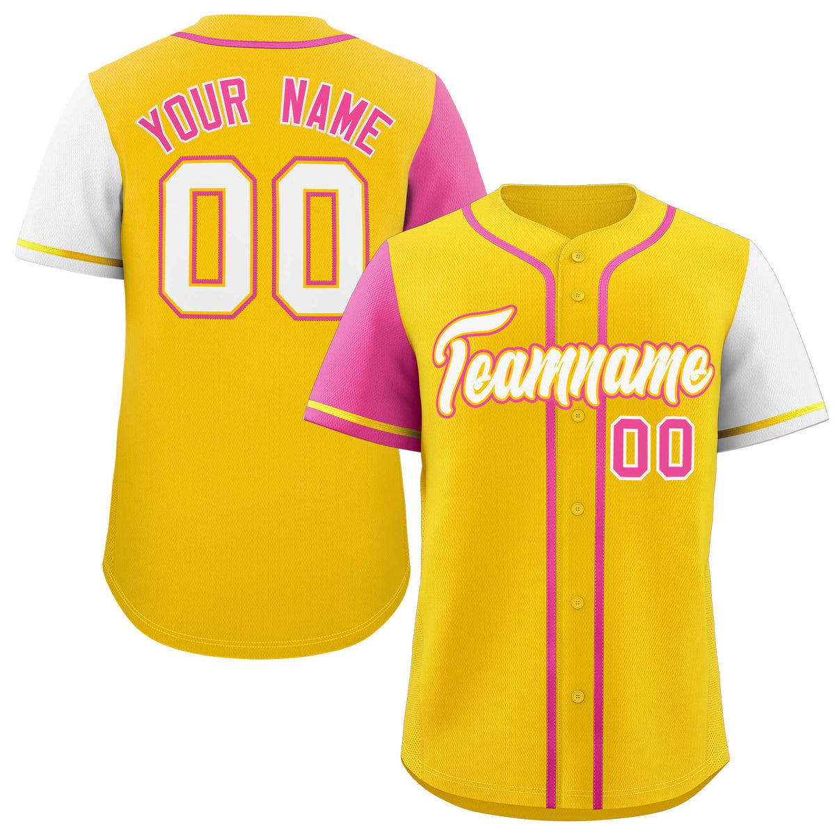 Custom Gold Pink and White Raglan Sleeves Authentic Baseball Jersey