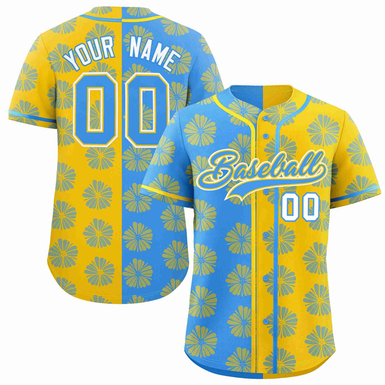 Custom Powder Blue Gold Split Fashion Flower Graffiti Pattern Authentic Baseball Jersey