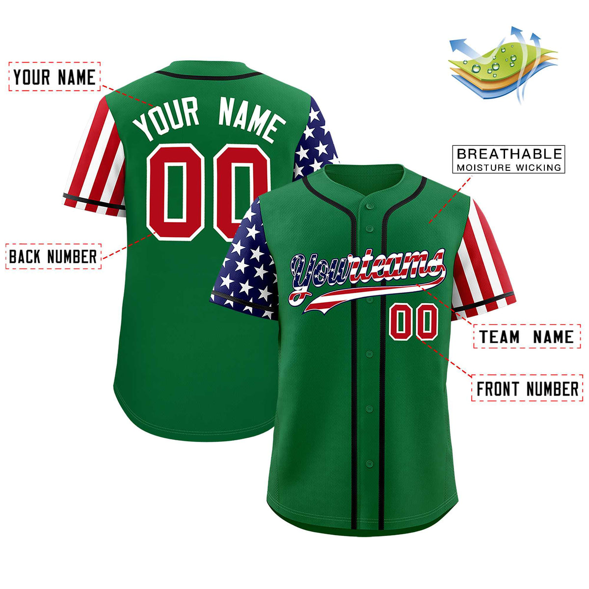 Custom Kelly Green American Flag Design Personalized Baseball Jersey