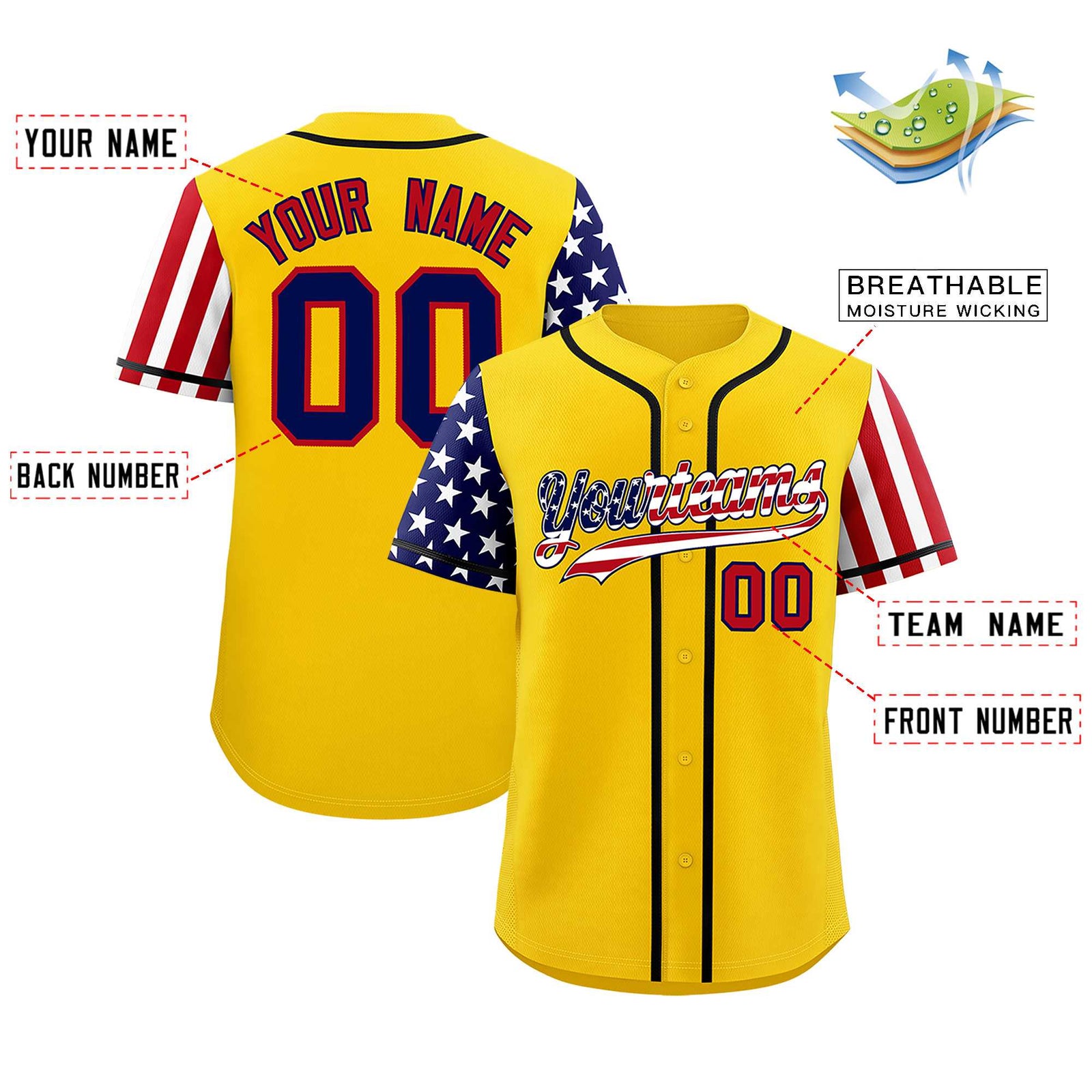 Custom Gold American Flag Design Personalized Baseball Jersey