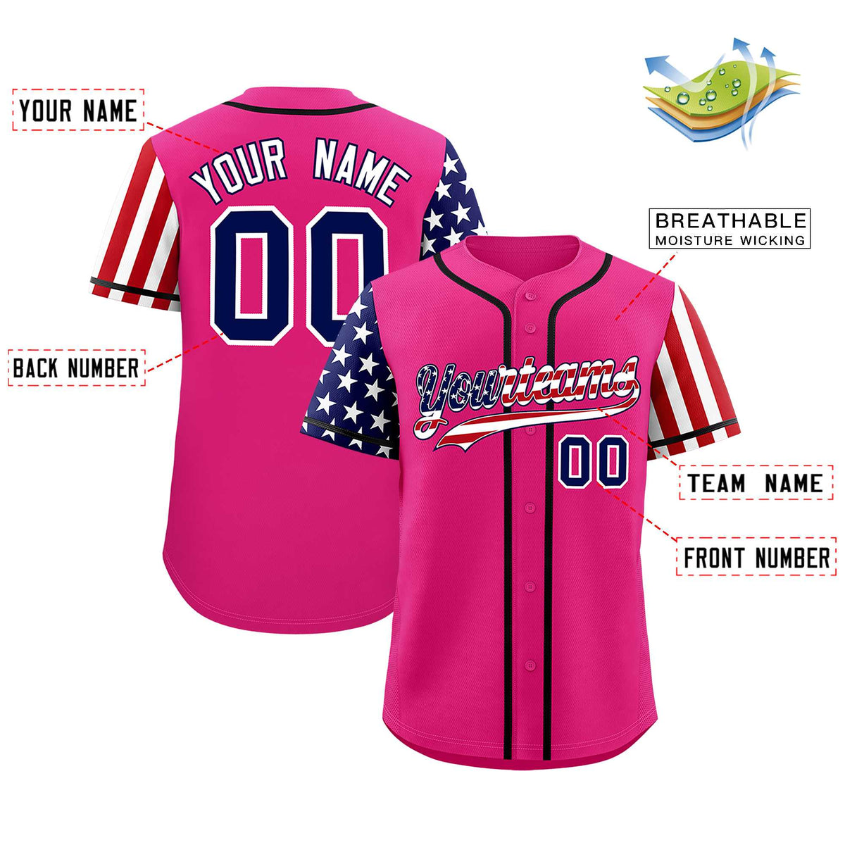 Custom Rose Red American Flag Design Personalized Baseball Jersey