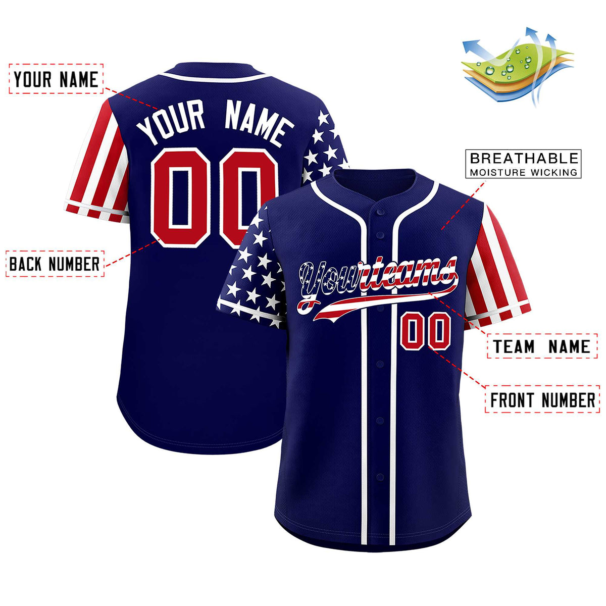 Custom Dark Blue American Flag Design Personalized Baseball Jersey
