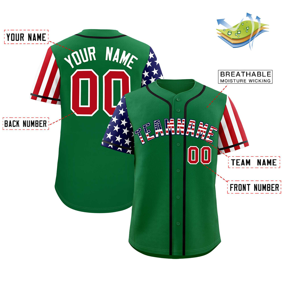 Custom Kelly Green American Flag Design Personalized Baseball Jersey
