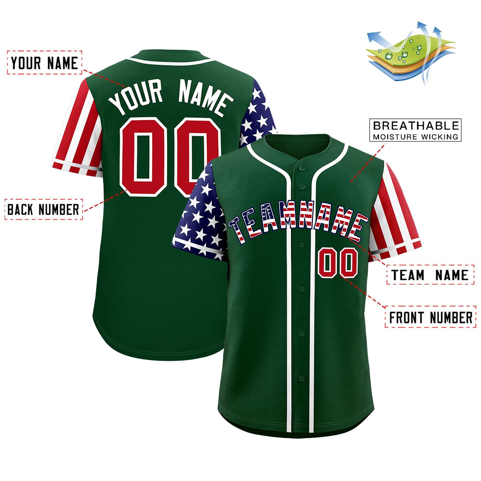 Custom Green American Flag Design Personalized Baseball Jersey