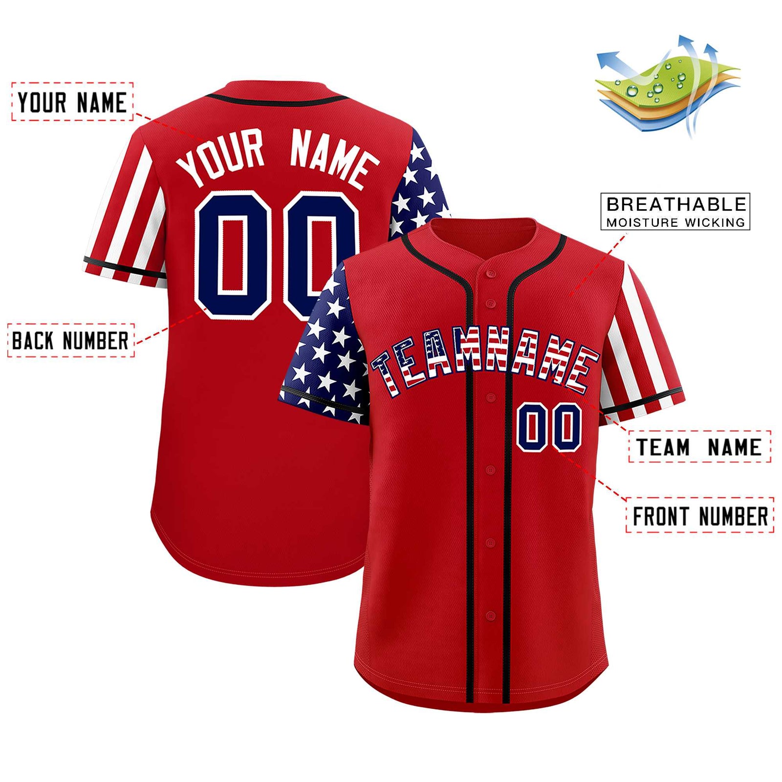 Custom Red American Flag Design Personalized Baseball Jersey