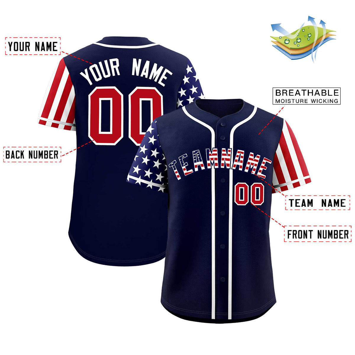 Custom Navy American Flag Design Personalized Baseball Jersey