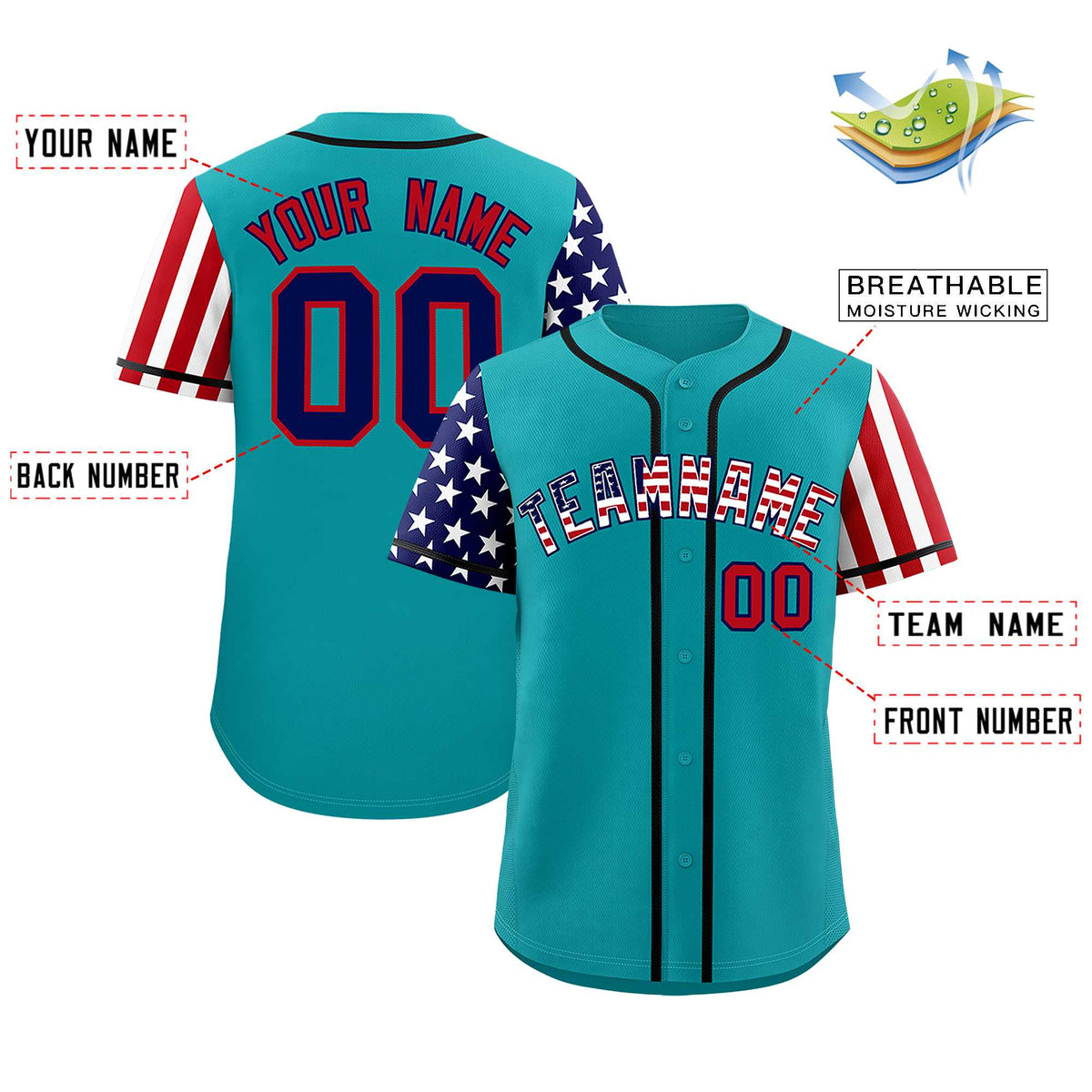 Custom Aqua American Flag Design Personalized Baseball Jersey
