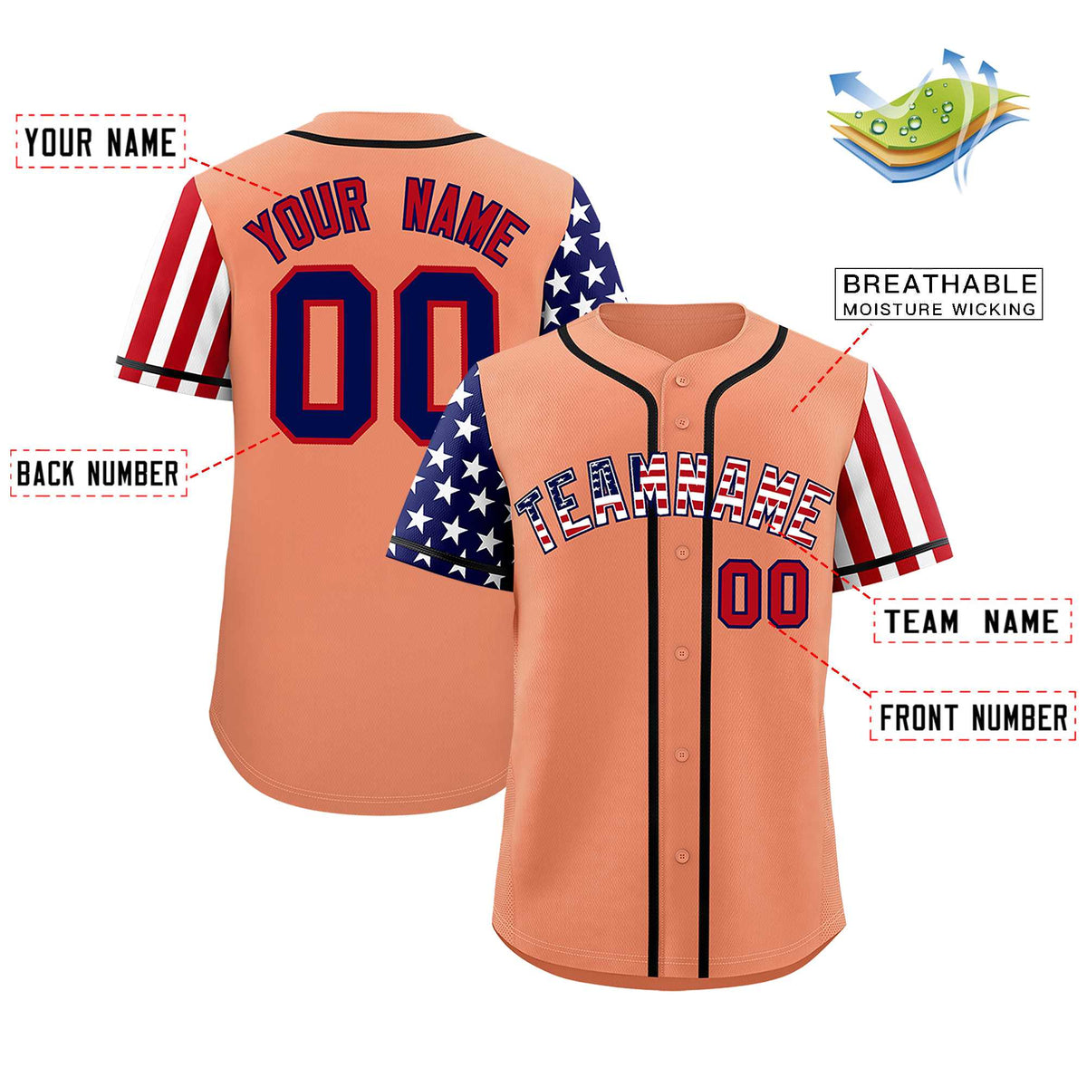 Custom Light Orange American Flag Design Personalized Baseball Jersey