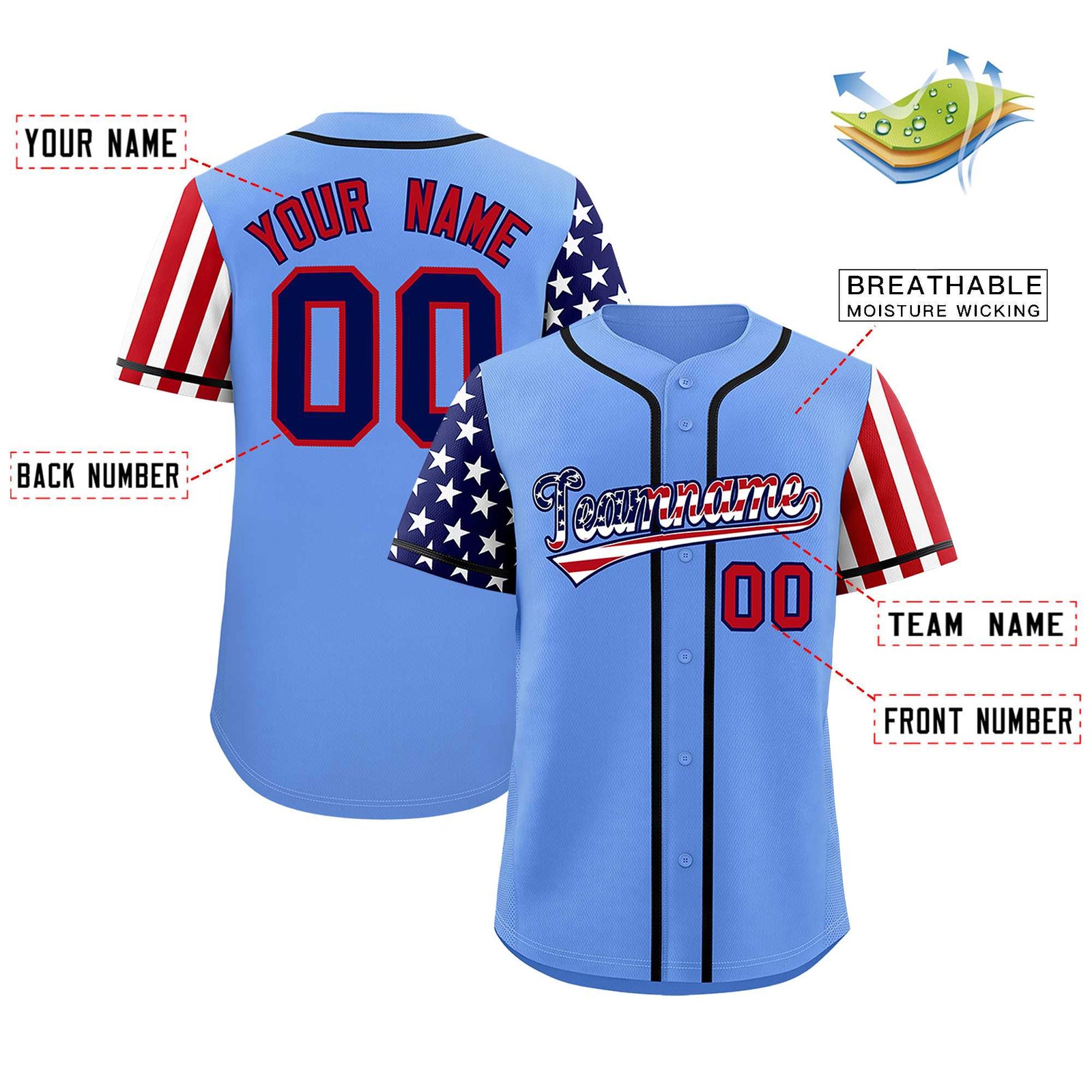 Custom Light Blue American Flag Design Personalized Baseball Jersey