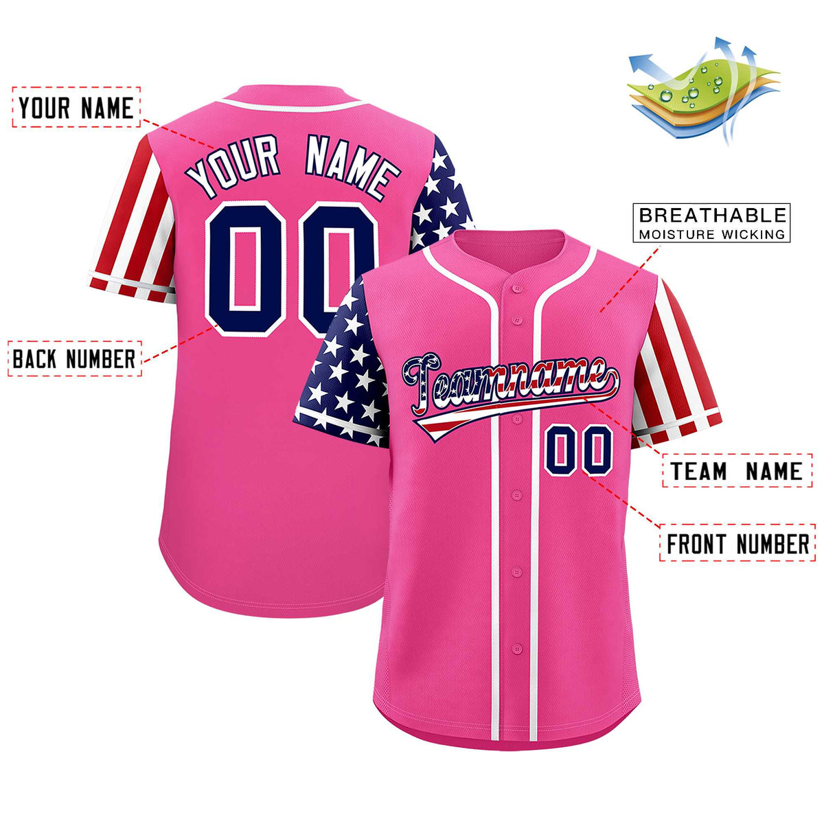 Custom Pink American Flag Design Personalized Baseball Jersey