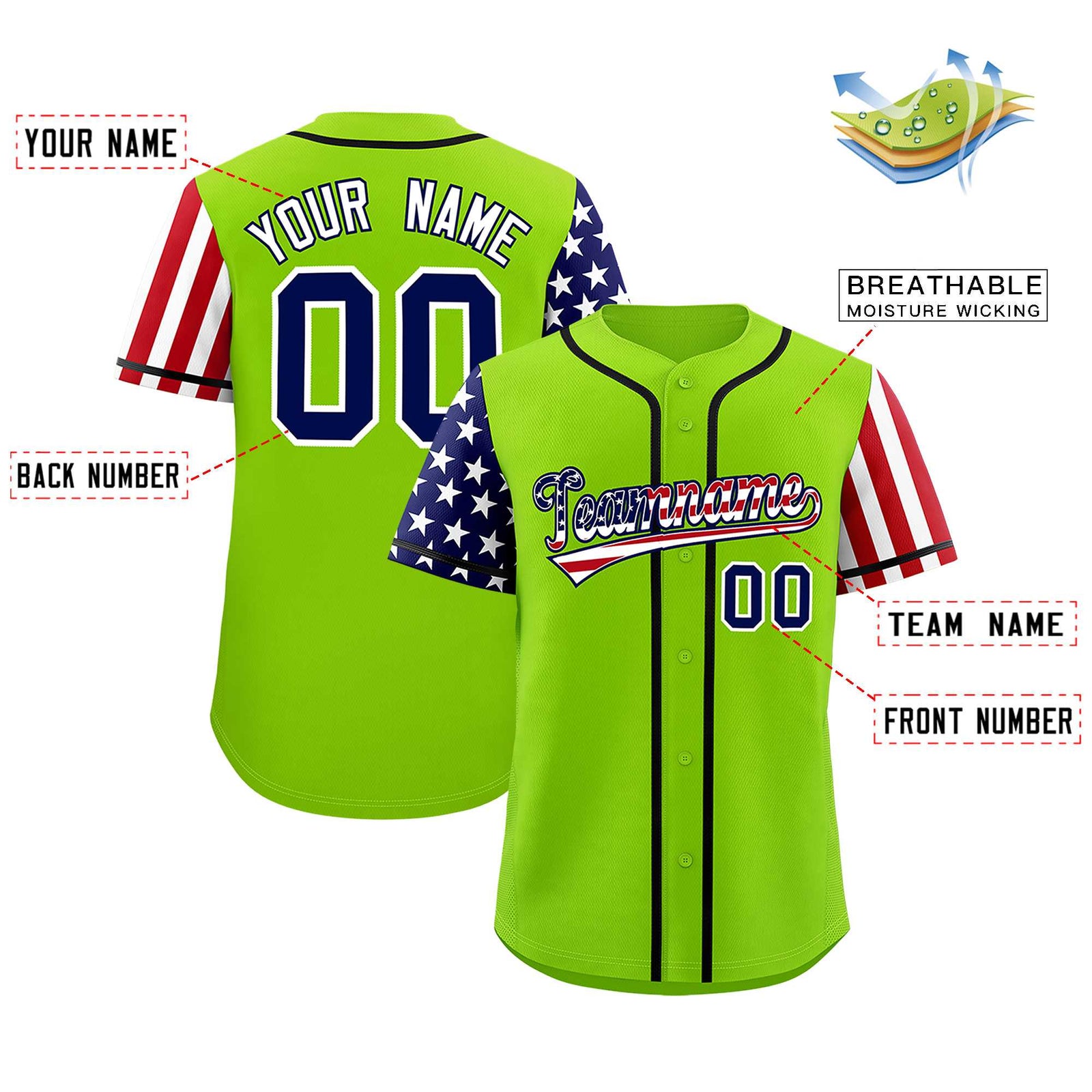 Custom Neon Green American Flag Design Personalized Baseball Jersey