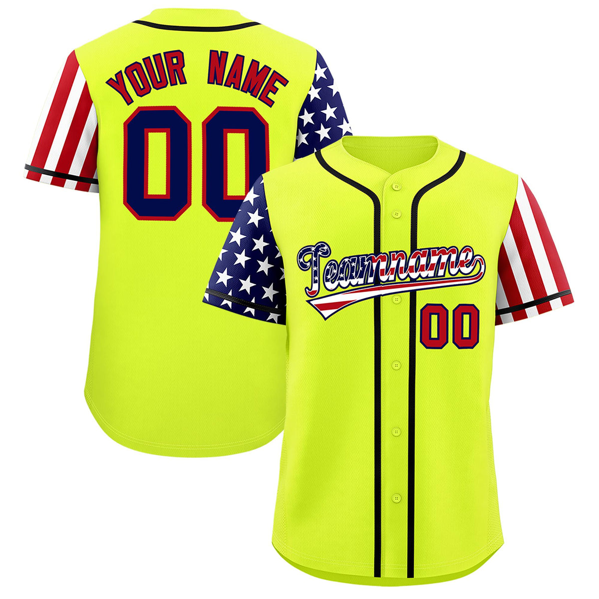 Custom Fluorescent Green American Flag Design Personalized Baseball Jersey