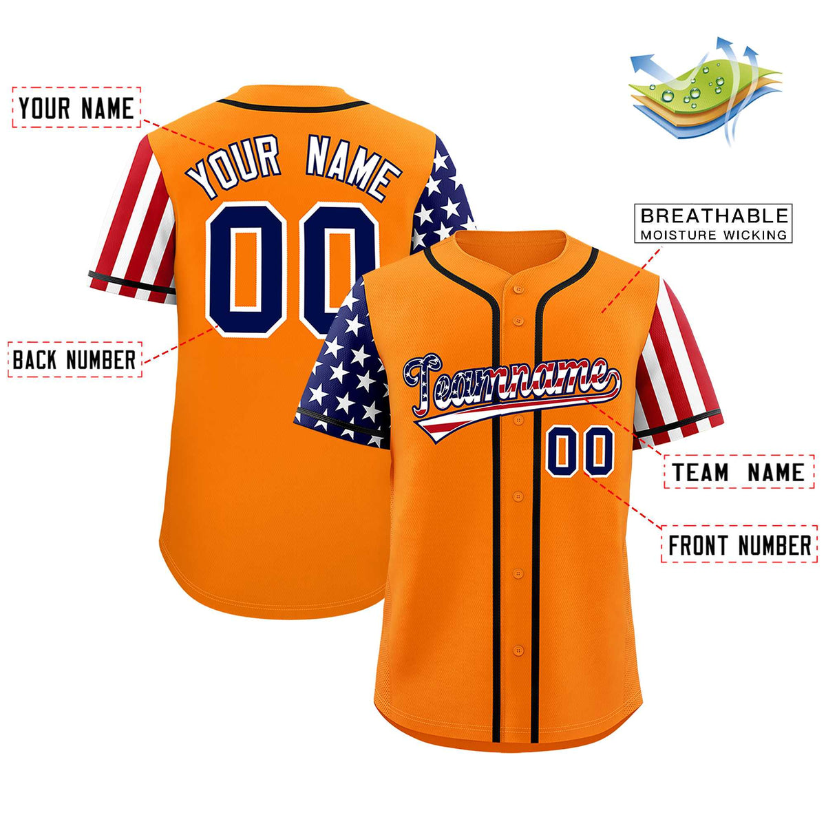 Custom Orange American Flag Design Personalized Baseball Jersey