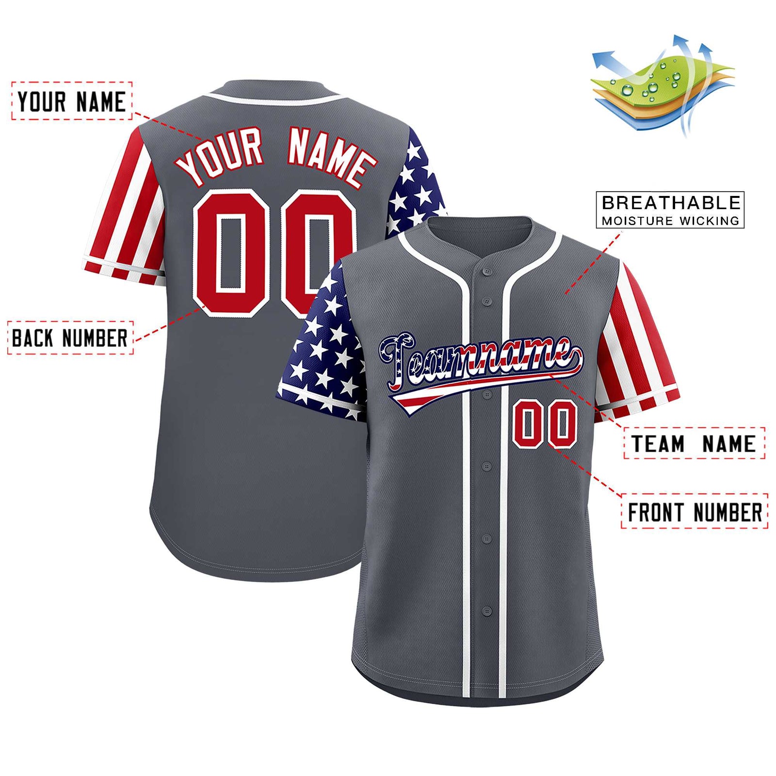 Custom Dark Gray American Flag Design Personalized Baseball Jersey