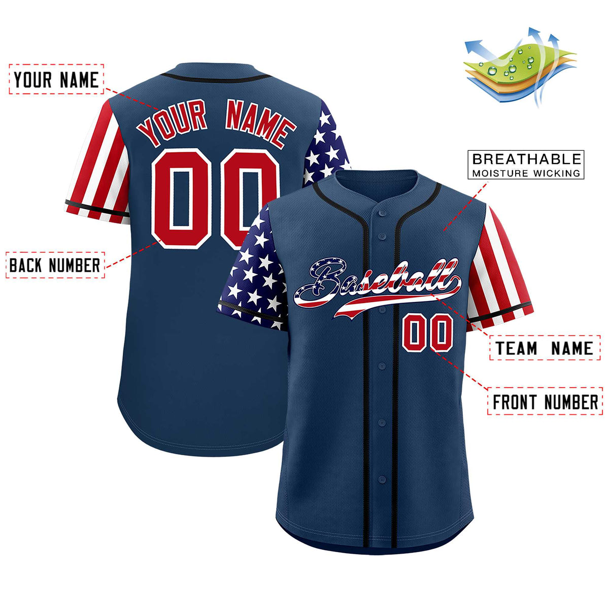 Custom Midnight Blue American Flag Design Personalized Baseball Jersey