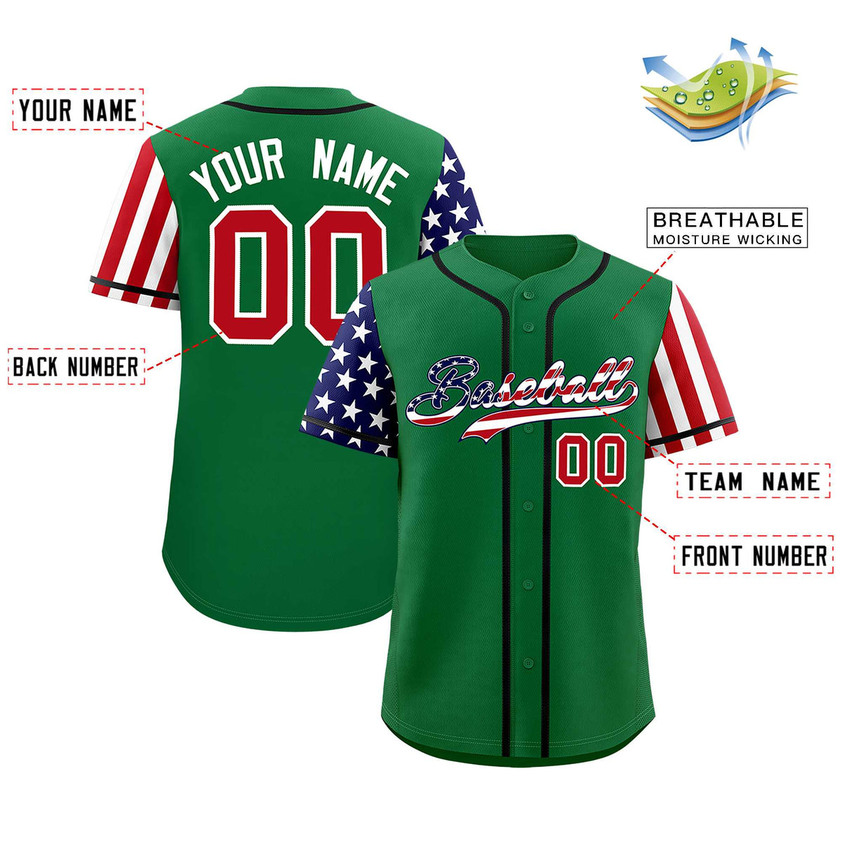 Custom Kelly Green American Flag Design Personalized Baseball Jersey