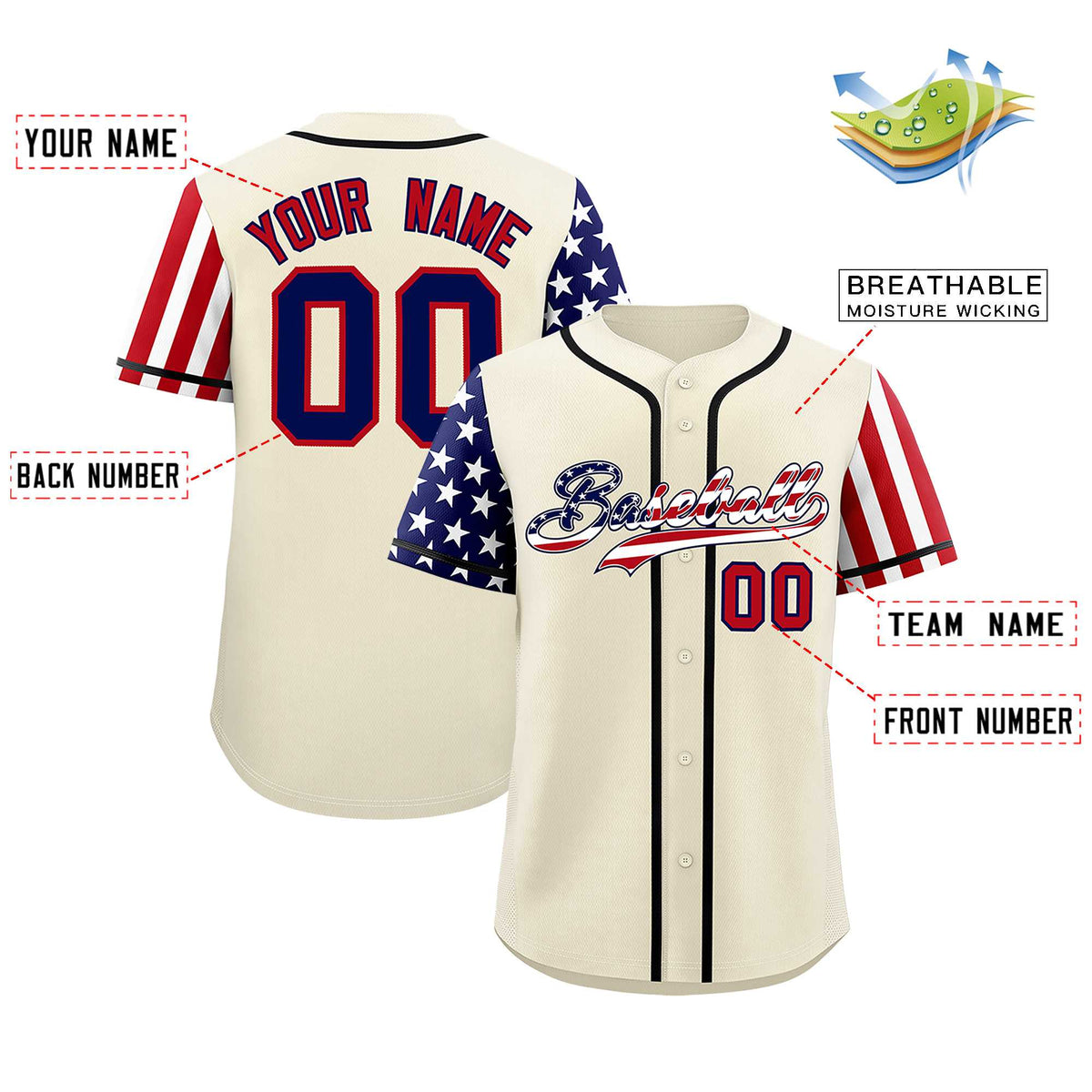 Custom Cream American Flag Design Personalized Baseball Jersey